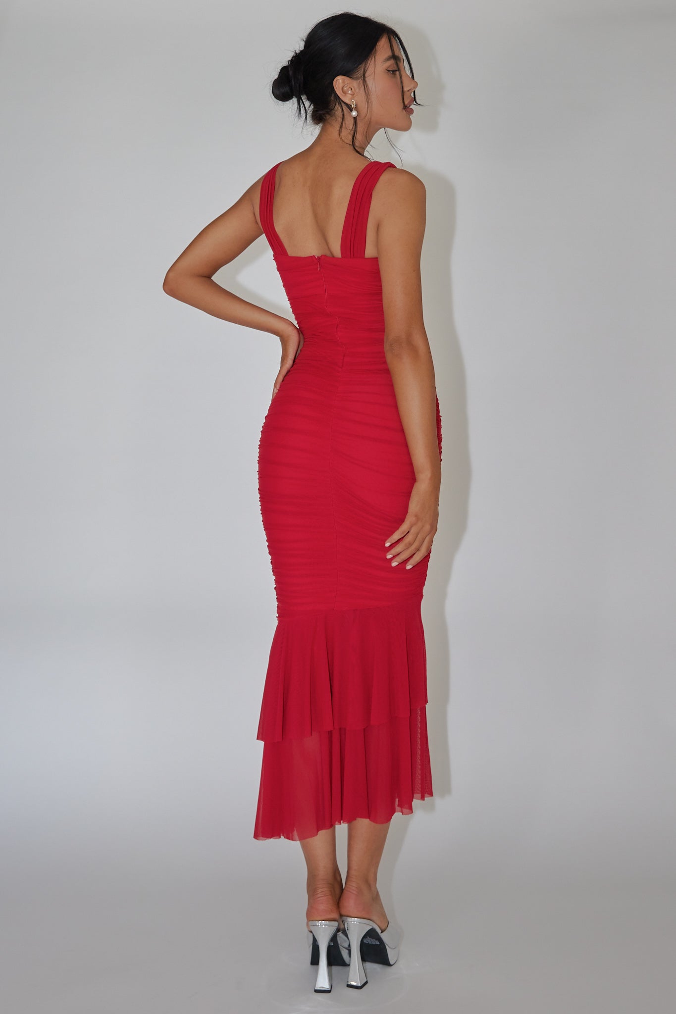Nadia Ruched Fishtail Maxi Dress Red-Maymioy