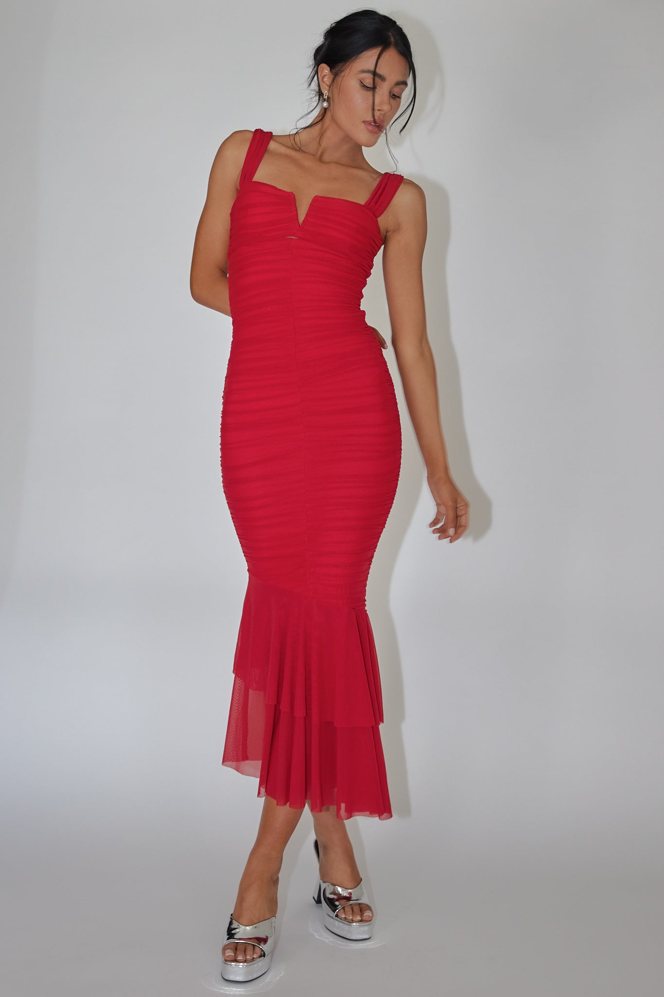 Nadia Ruched Fishtail Maxi Dress Red-Maymioy