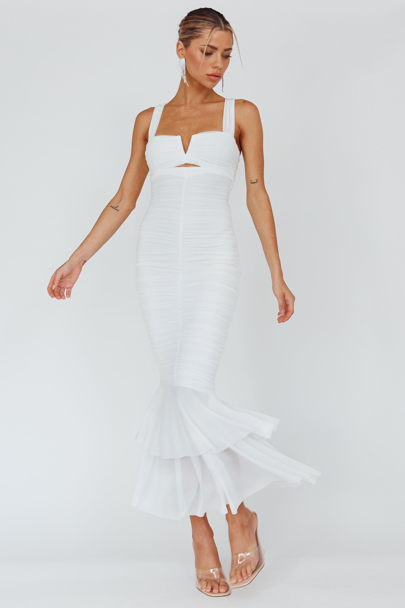 Nadia Ruched Fishtail Maxi Dress White-Maymioy