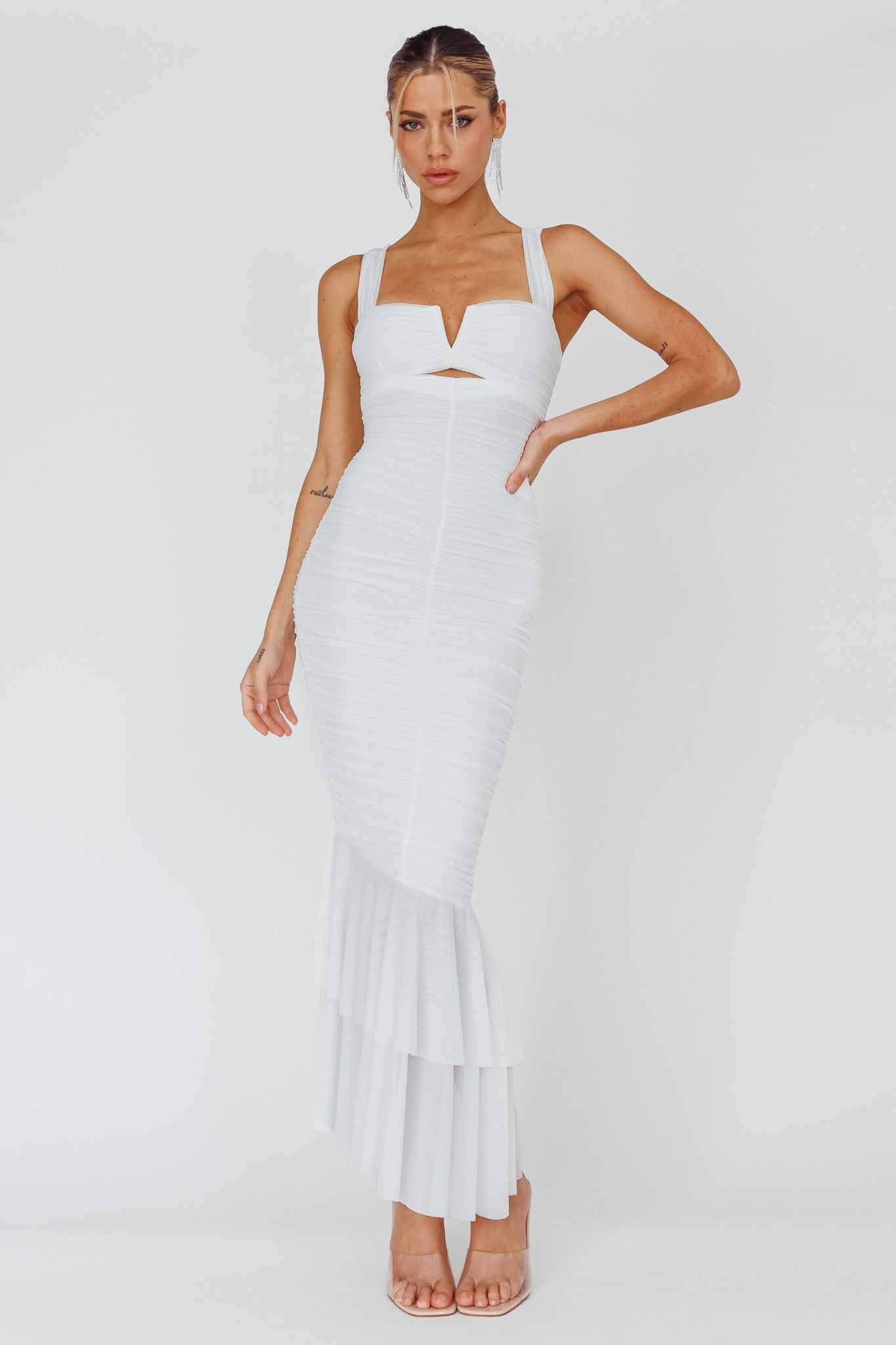 Nadia Ruched Fishtail Maxi Dress White-Maymioy