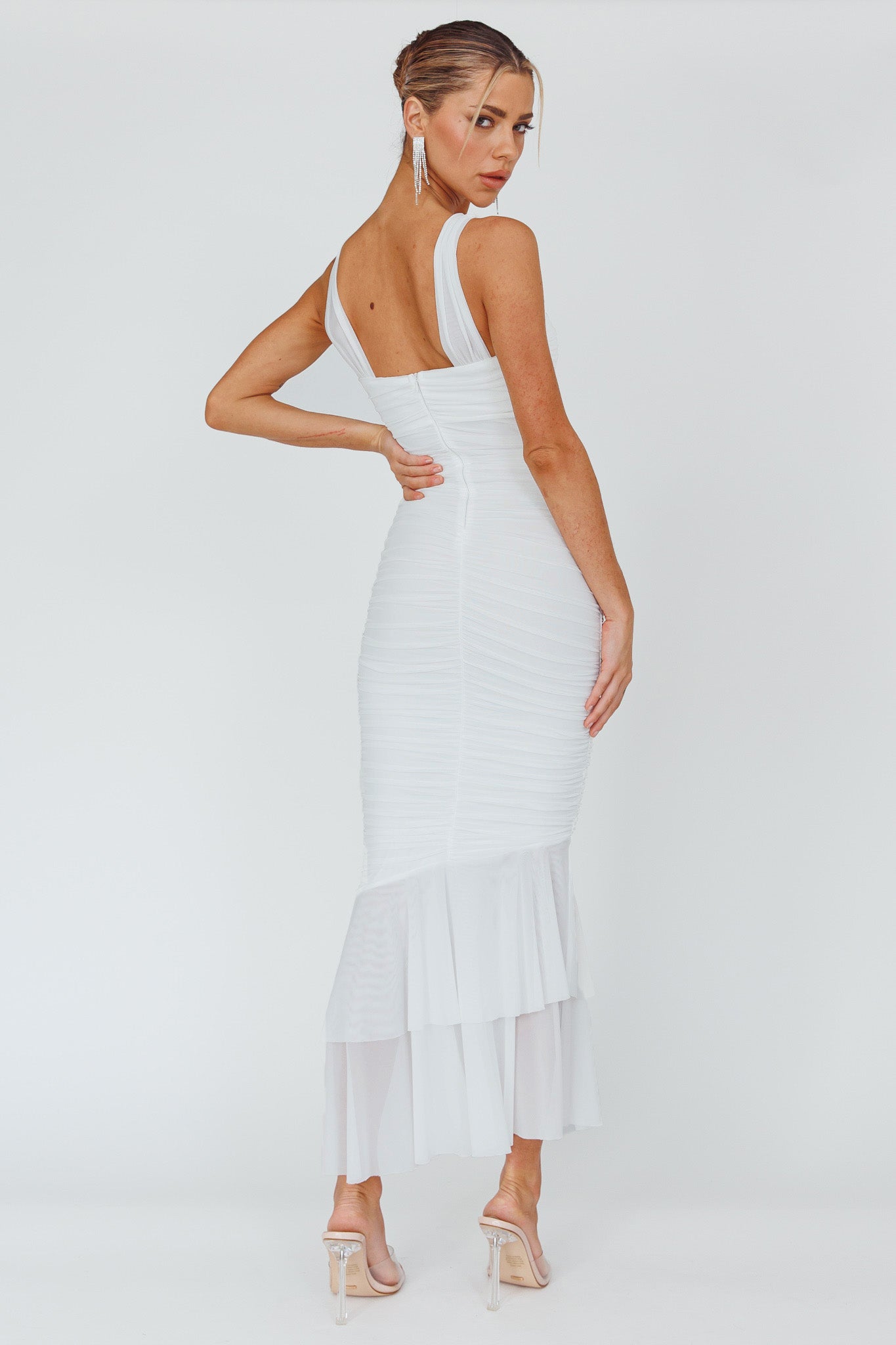Nadia Ruched Fishtail Maxi Dress White-Maymioy