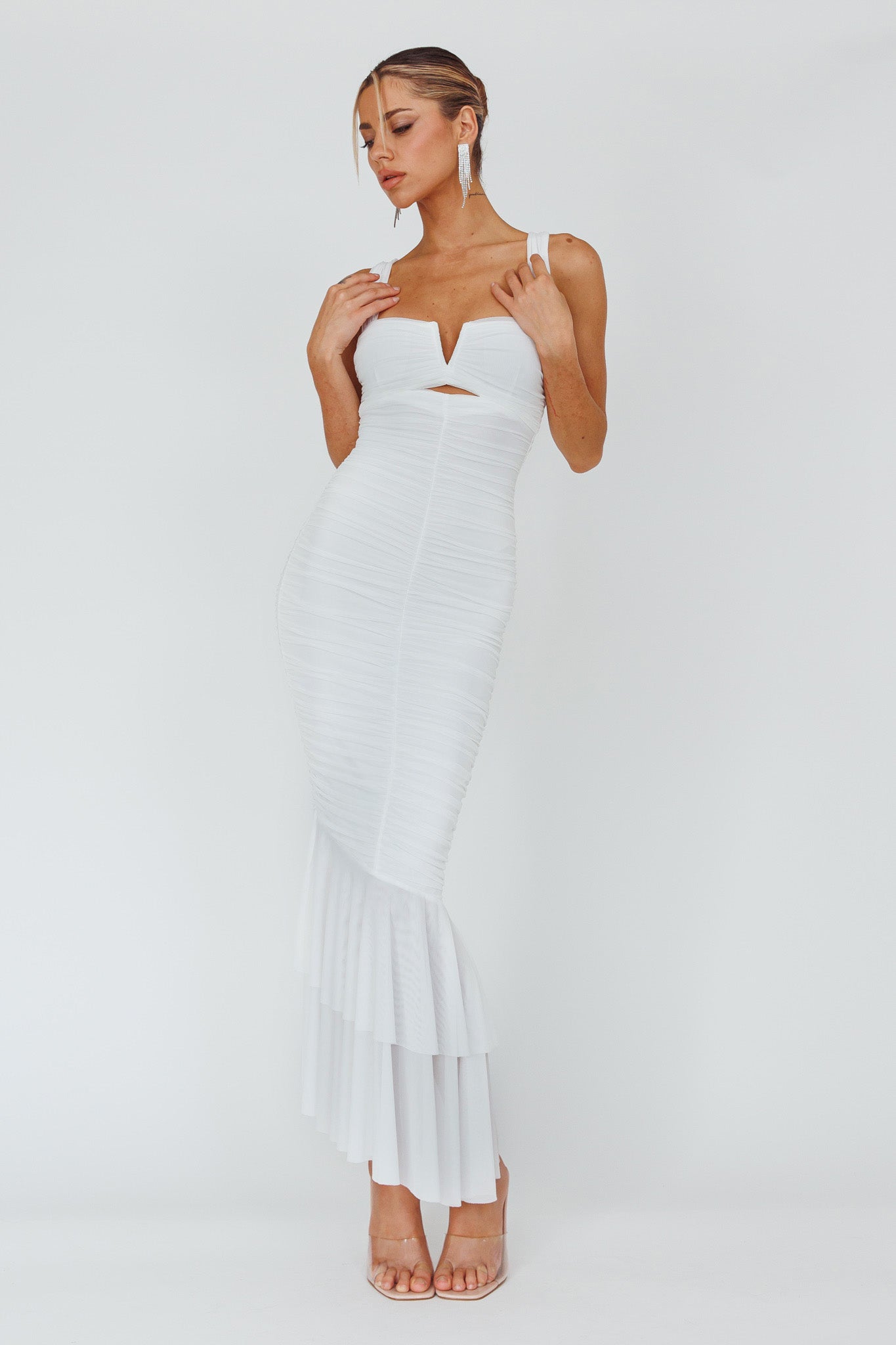 Nadia Ruched Fishtail Maxi Dress White-Maymioy