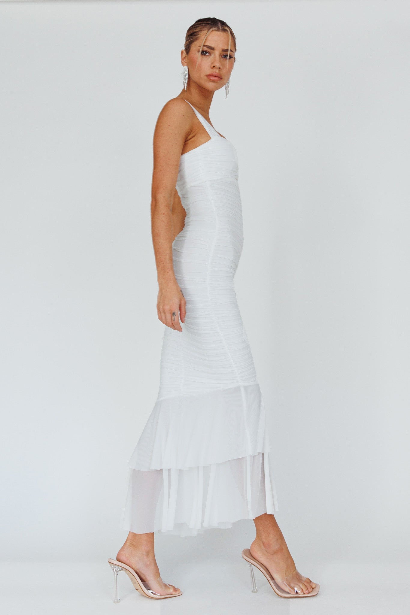 Nadia Ruched Fishtail Maxi Dress White-Maymioy