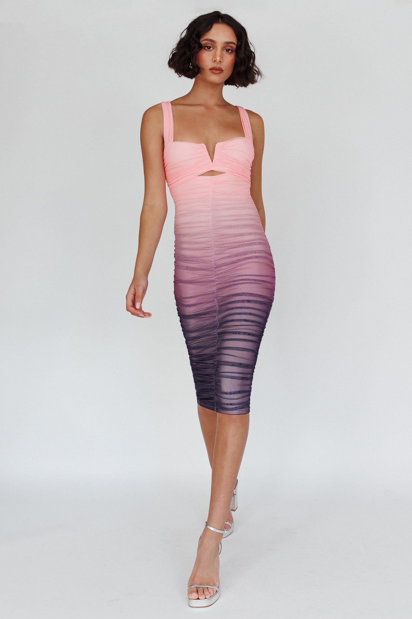 Nadia Ruched Midi Dress Gradient Pink-Maymioy