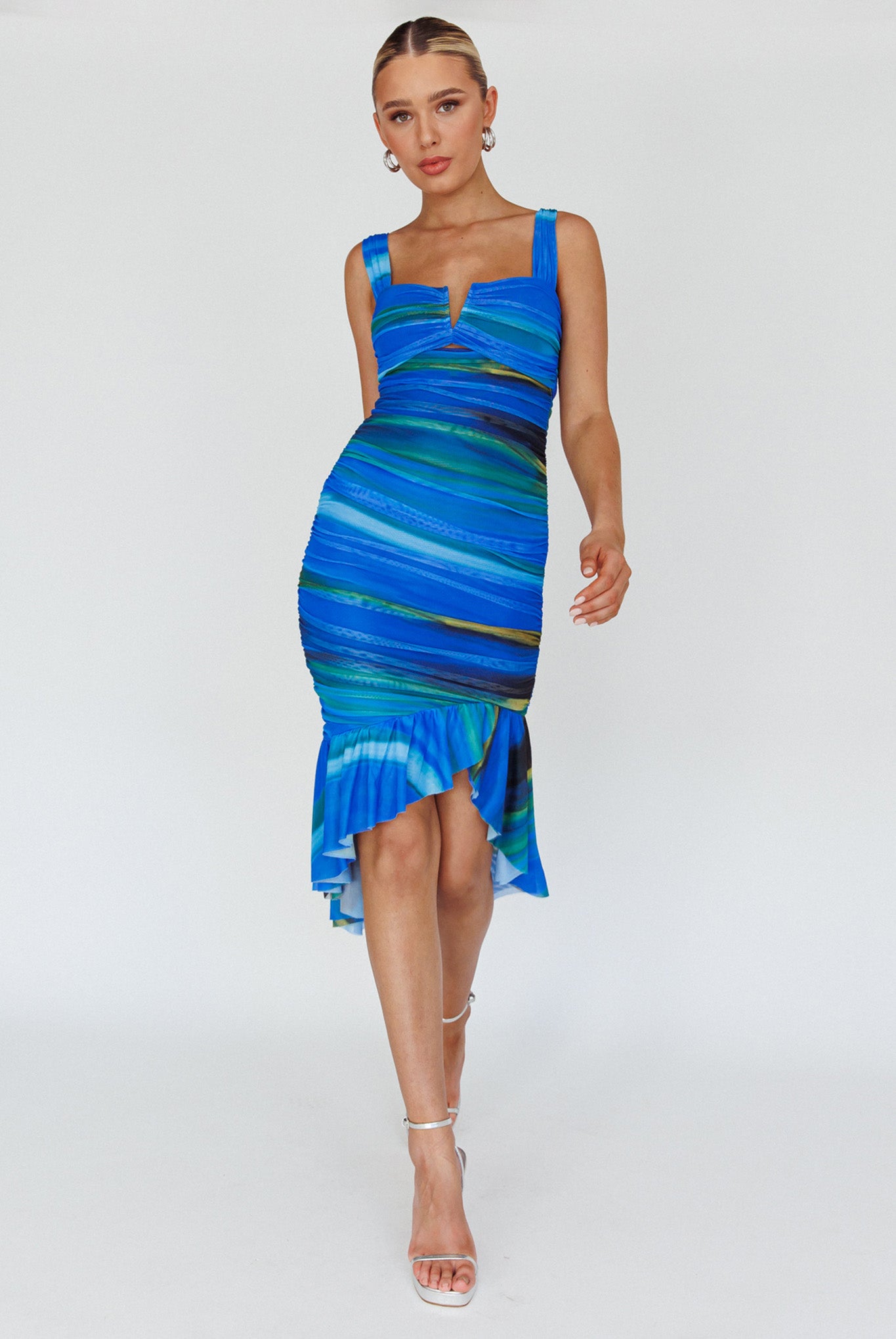 Nadia Ruched Fishtail Midi Dress Print Blue-Maymioy