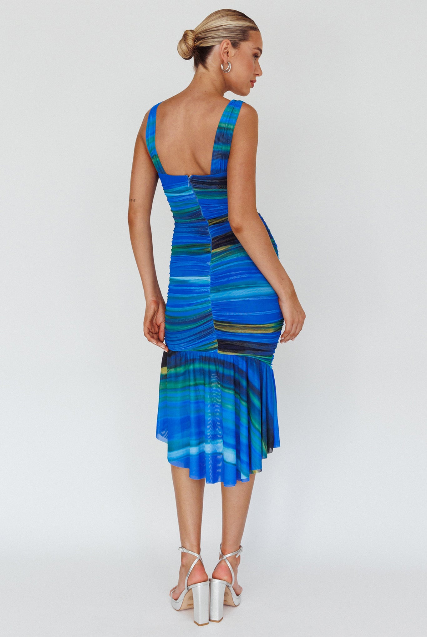 Nadia Ruched Fishtail Midi Dress Print Blue-Maymioy