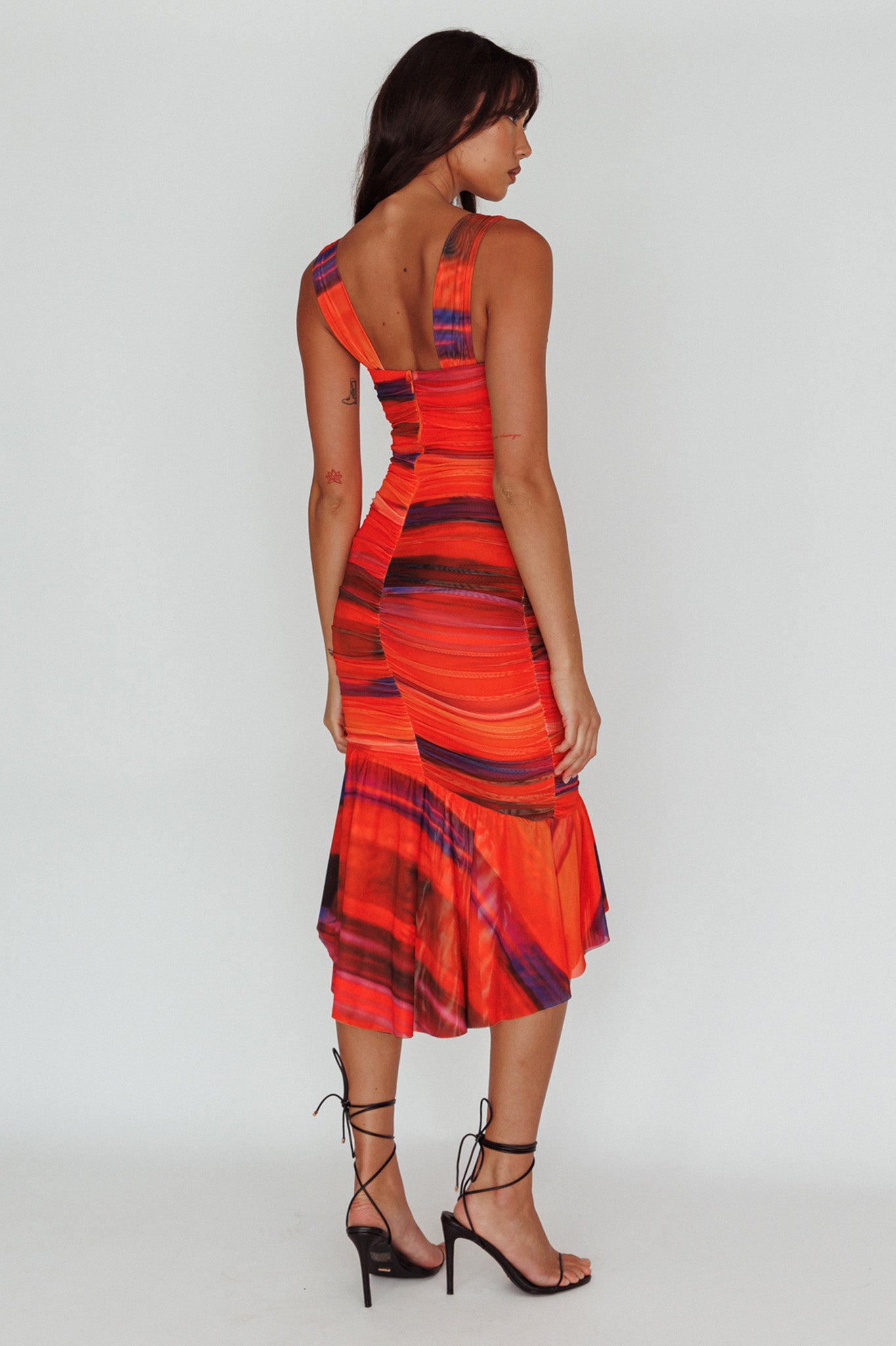 Nadia Ruched Fishtail Midi Dress Print Orange-Maymioy