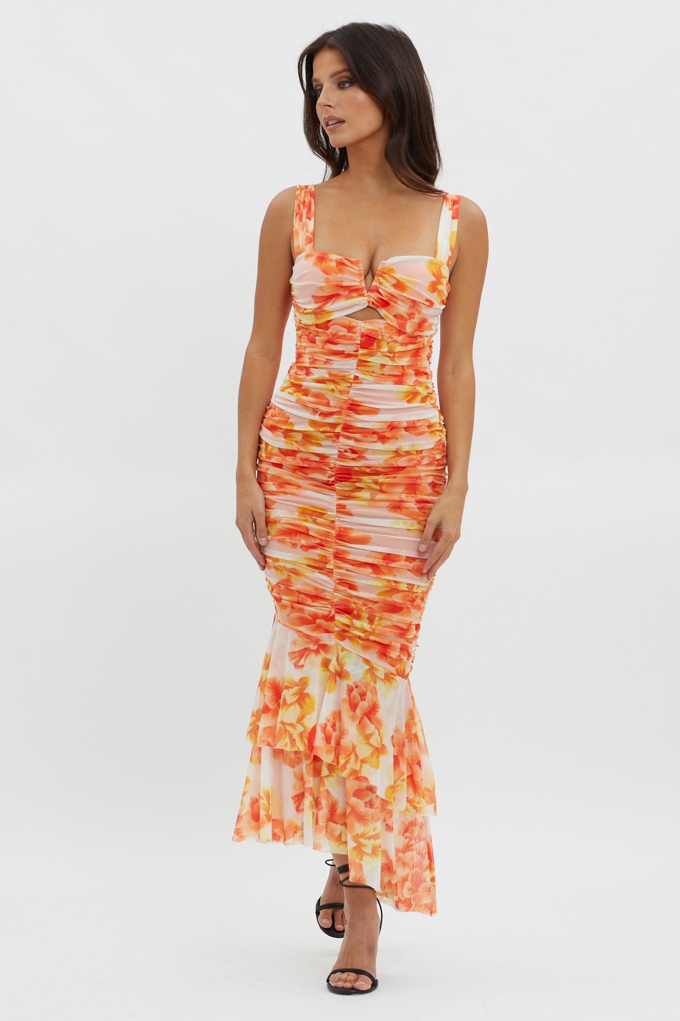 Nadia Ruched Fishtail Midi Dress Floral White-Maymioy