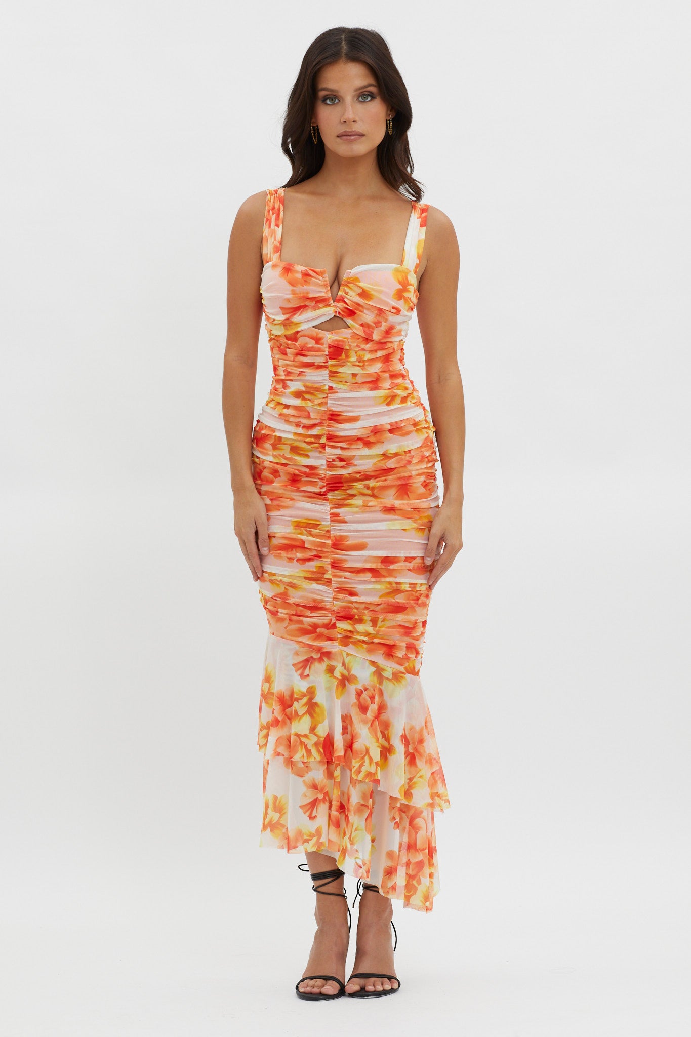 Nadia Ruched Fishtail Midi Dress Floral White-Maymioy