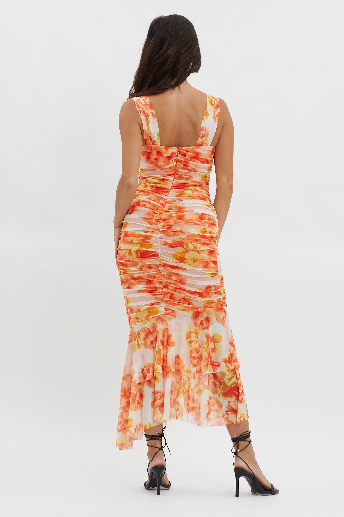 Nadia Ruched Fishtail Midi Dress Floral White-Maymioy