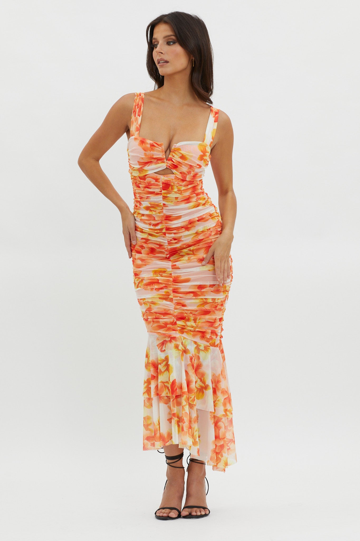 Nadia Ruched Fishtail Midi Dress Floral White-Maymioy