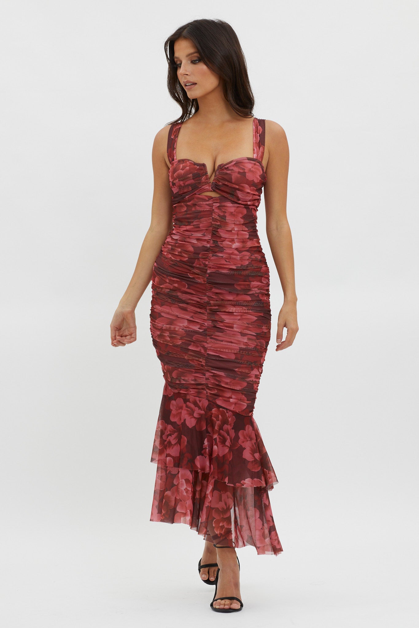 Nadia Ruched Fishtail Midi Dress Floral Wine-Maymioy