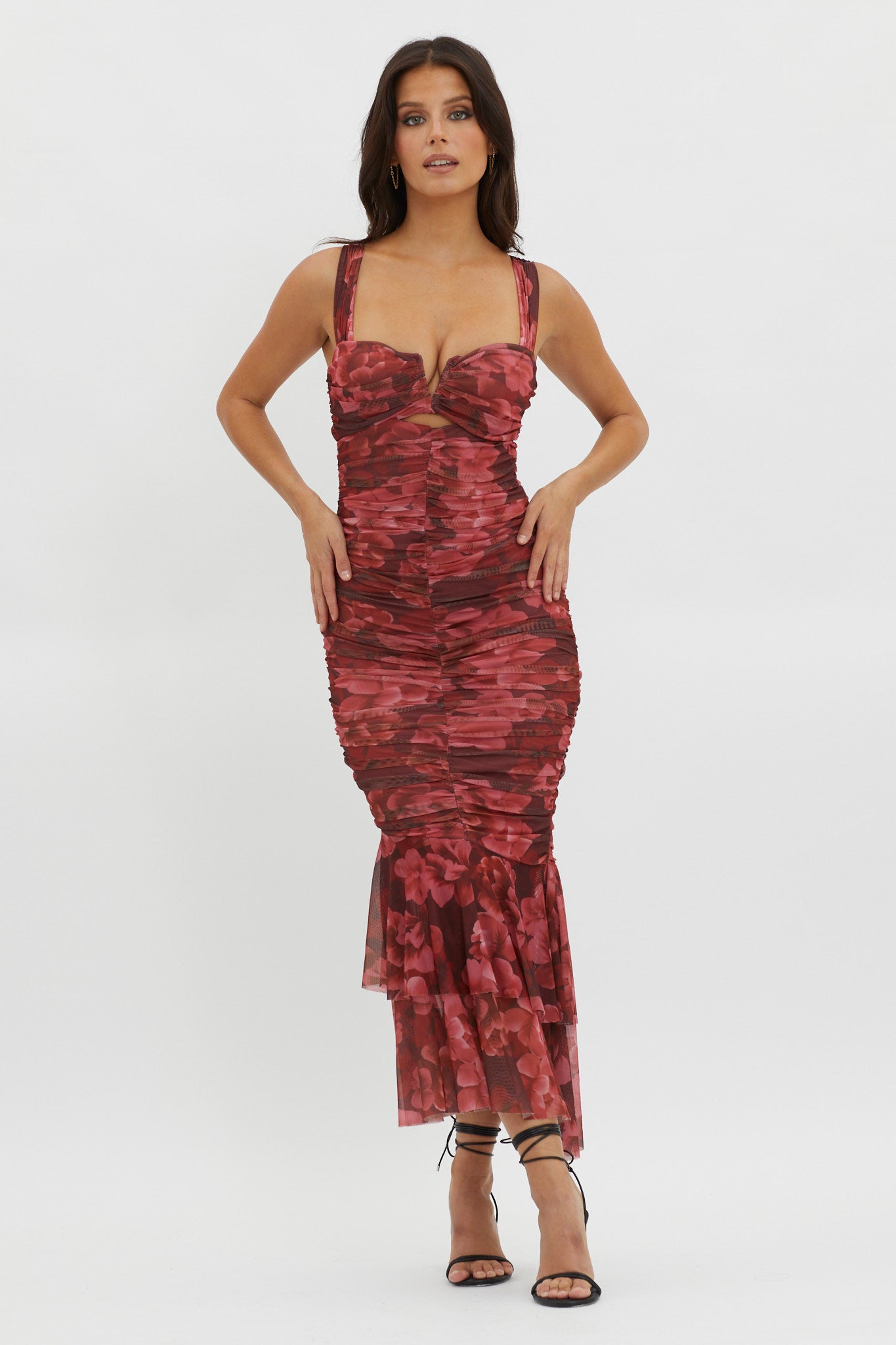 Nadia Ruched Fishtail Midi Dress Floral Wine-Maymioy