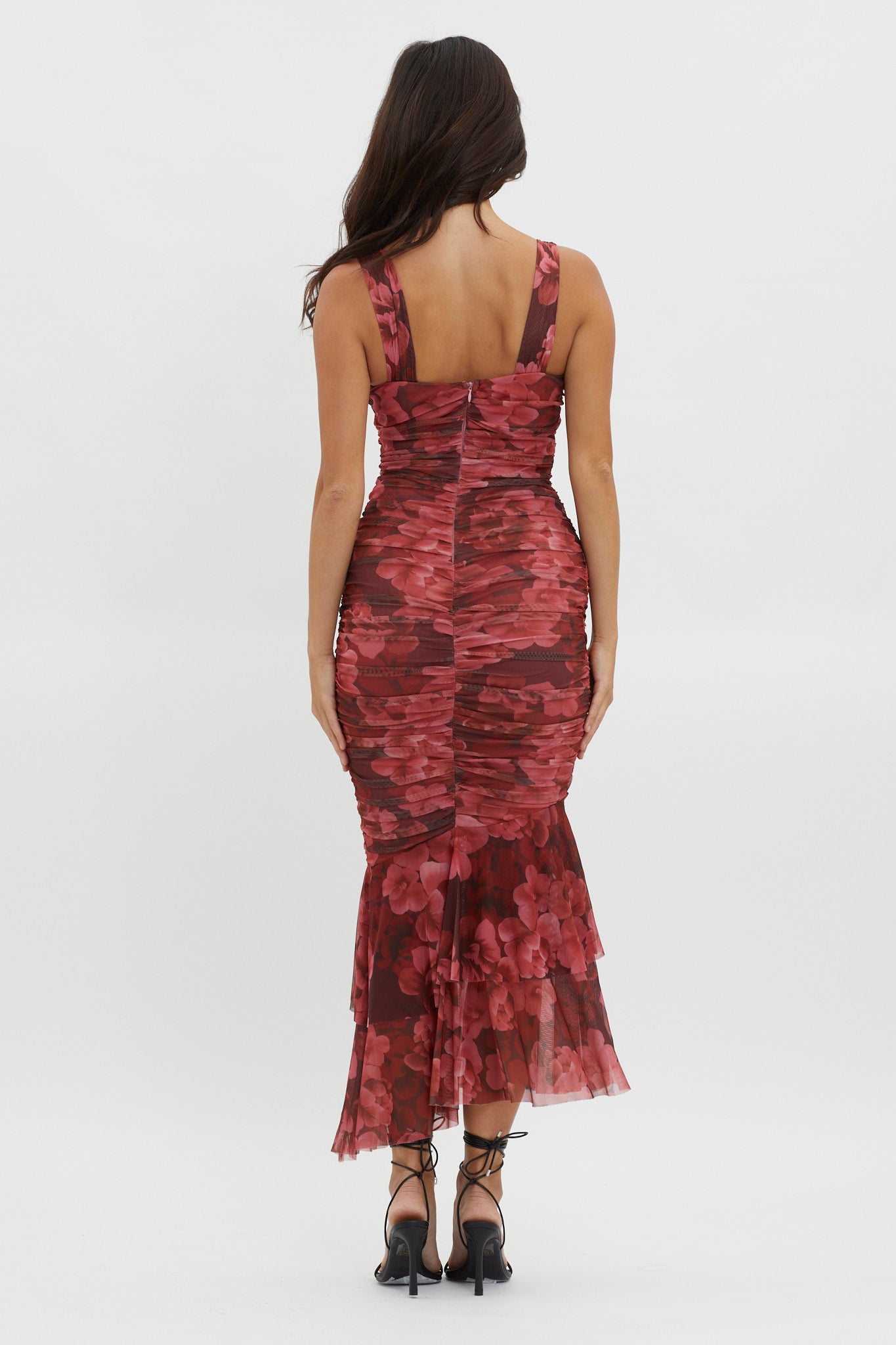 Nadia Ruched Fishtail Midi Dress Floral Wine-Maymioy