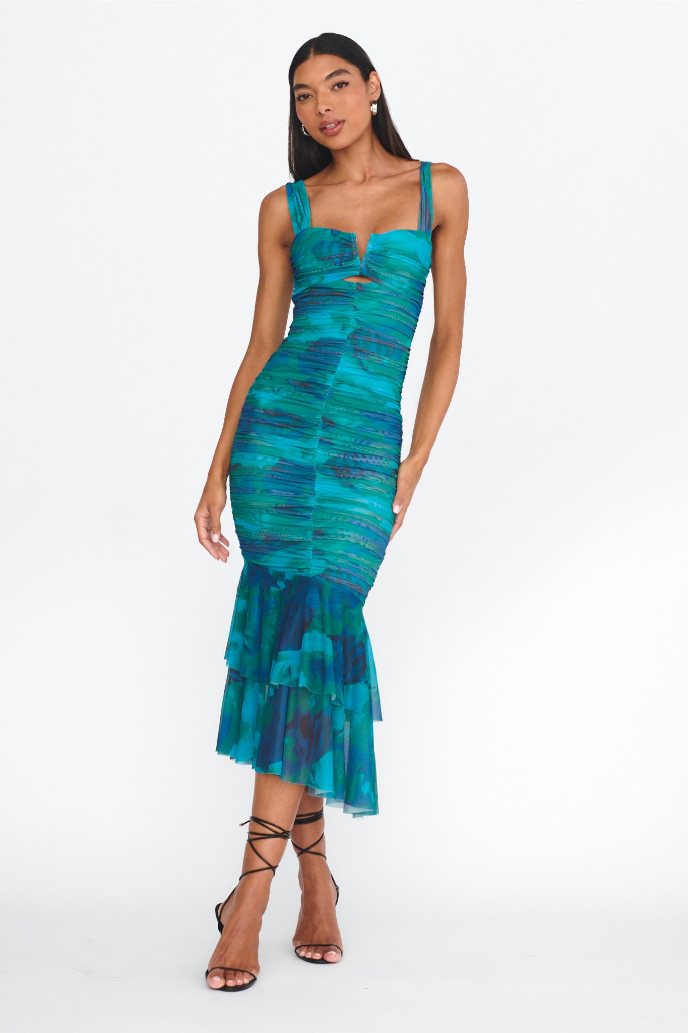 Nadia Ruched Fishtail Midi Dress Abstract Green-Maymioy