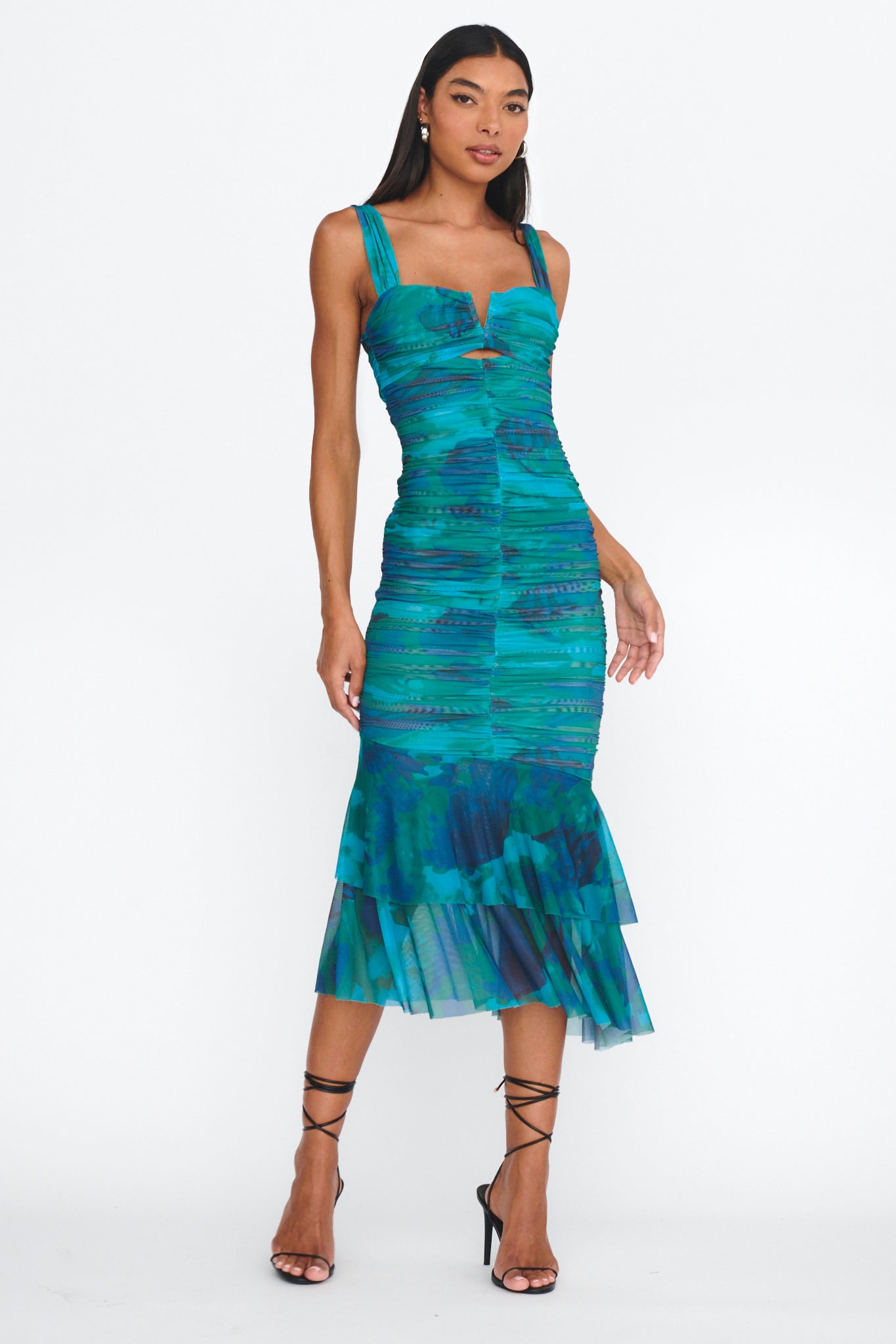 Nadia Ruched Fishtail Midi Dress Abstract Green-Maymioy