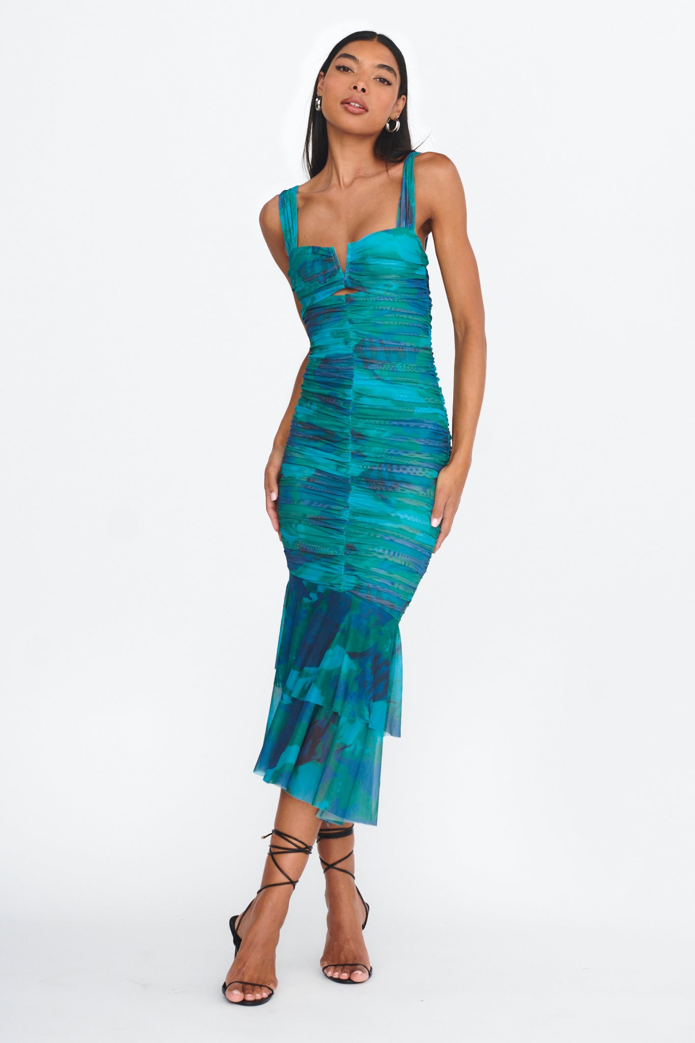 Nadia Ruched Fishtail Midi Dress Abstract Green-Maymioy