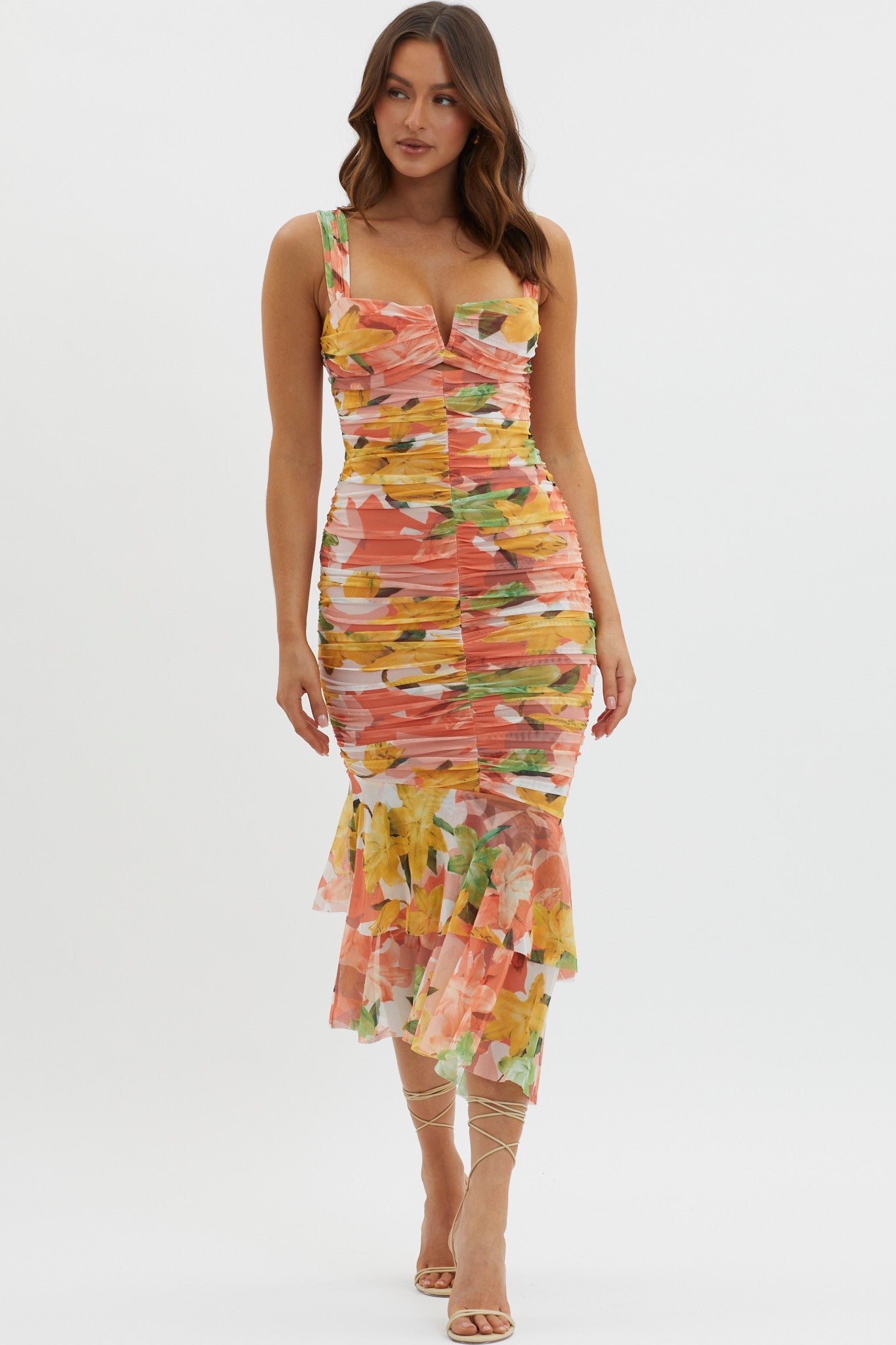 Nadia Ruched Fishtail Midi Dress Floral Orange-Maymioy