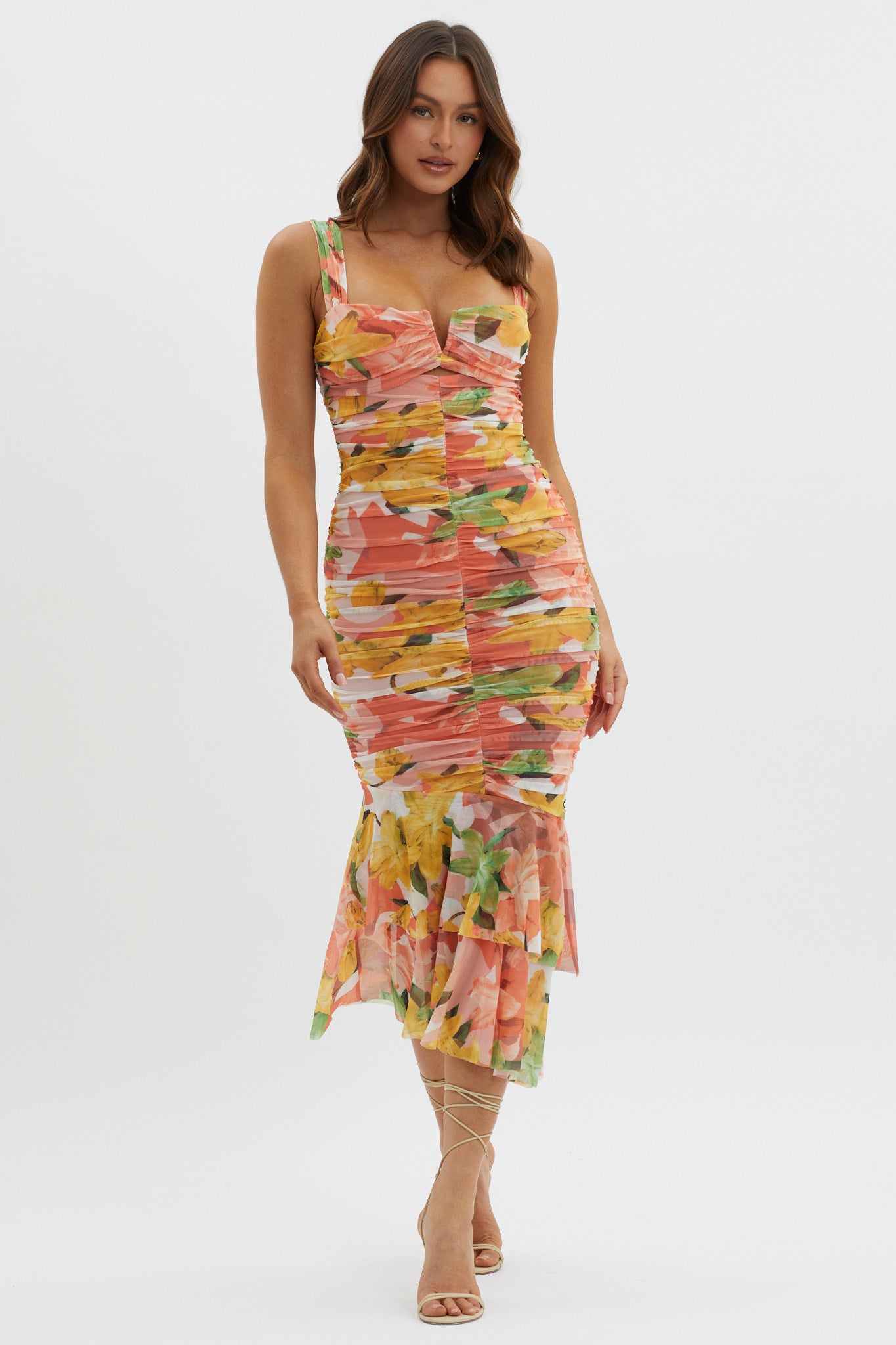 Nadia Ruched Fishtail Midi Dress Floral Orange-Maymioy