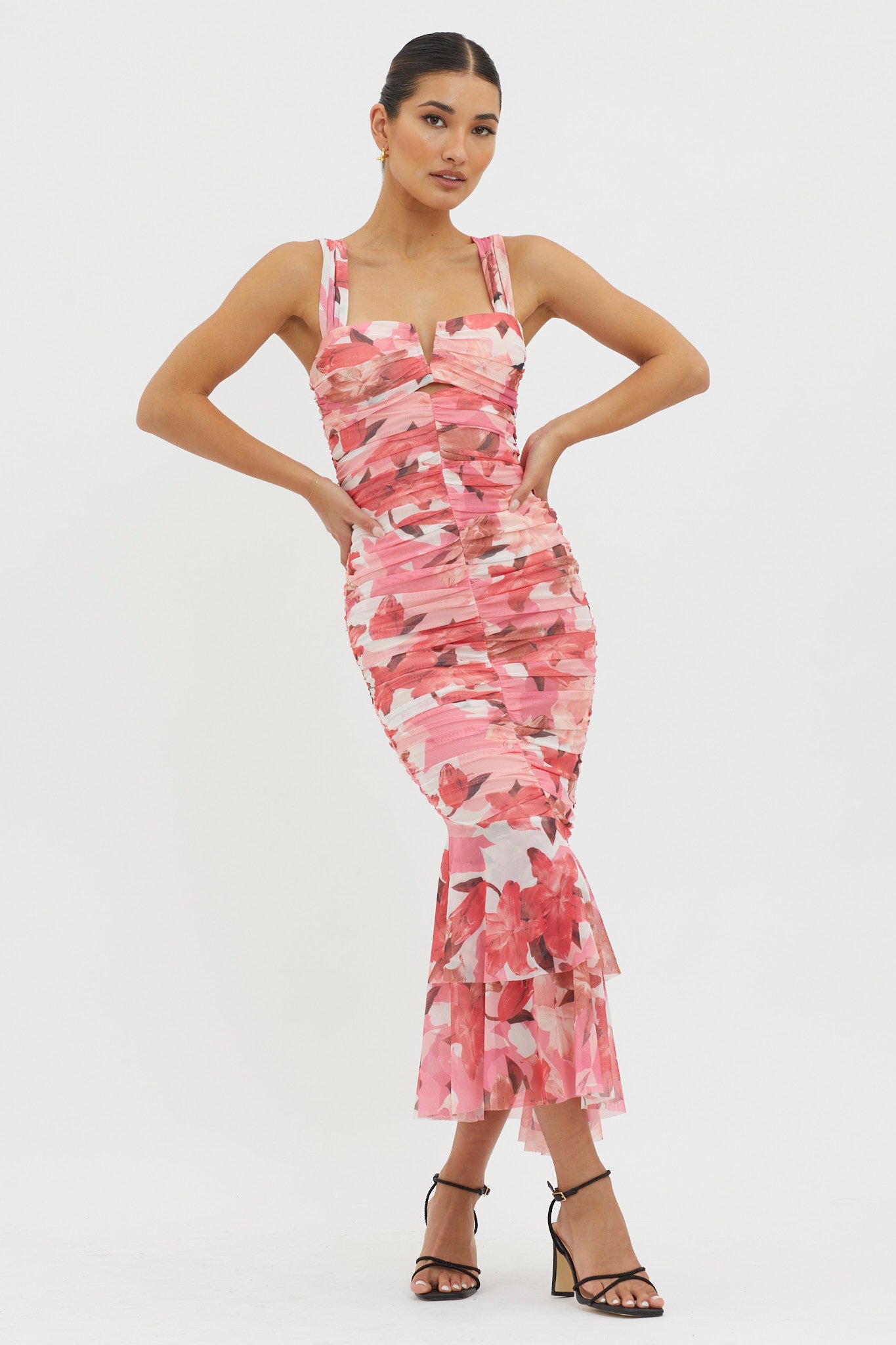 Nadia Ruched Fishtail Midi Dress Floral Pink-Maymioy