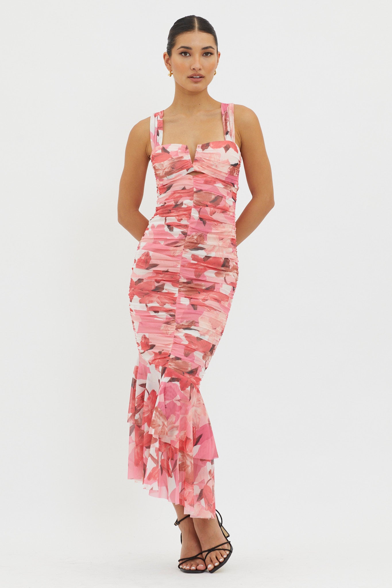 Nadia Ruched Fishtail Midi Dress Floral Pink-Maymioy