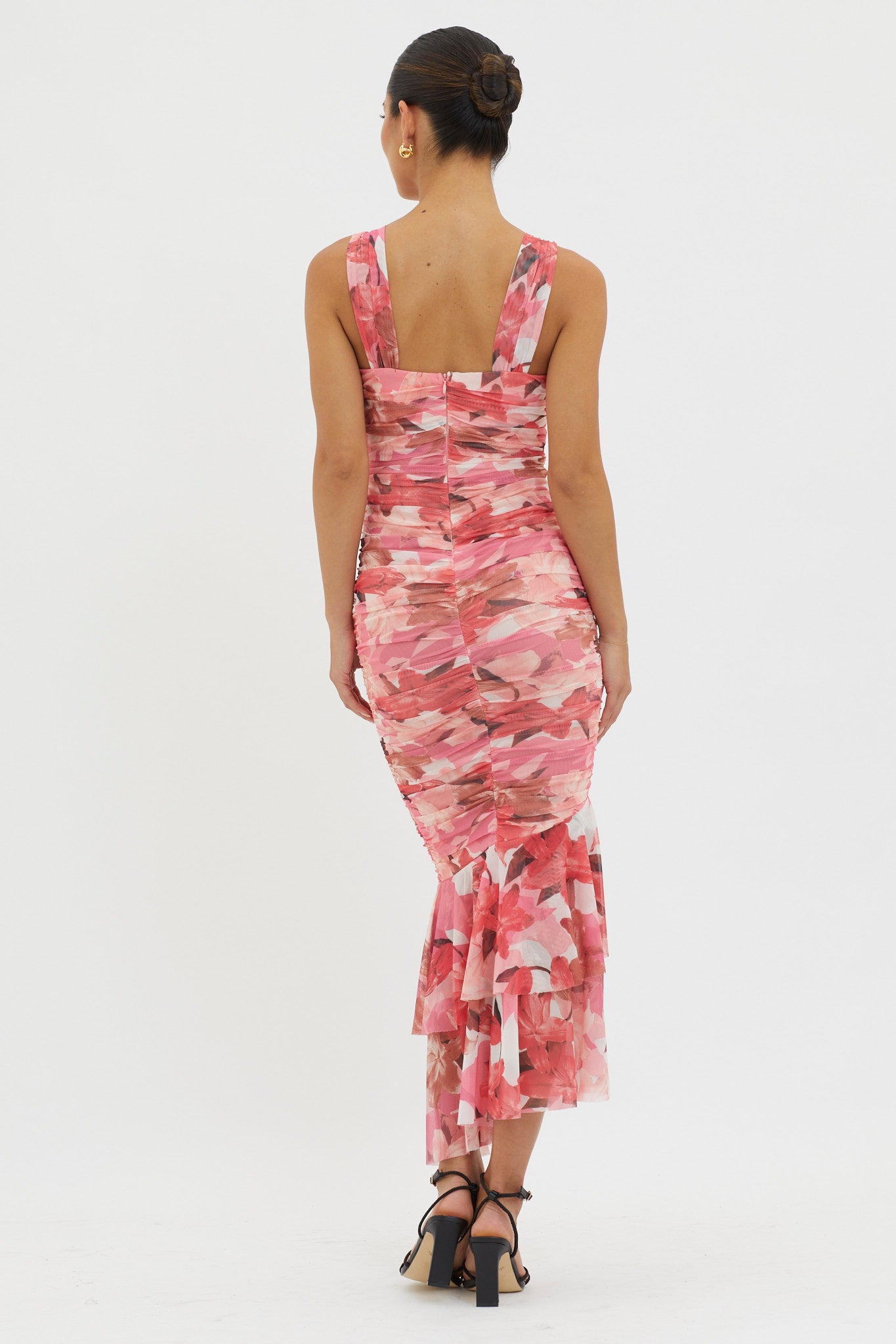 Nadia Ruched Fishtail Midi Dress Floral Pink-Maymioy