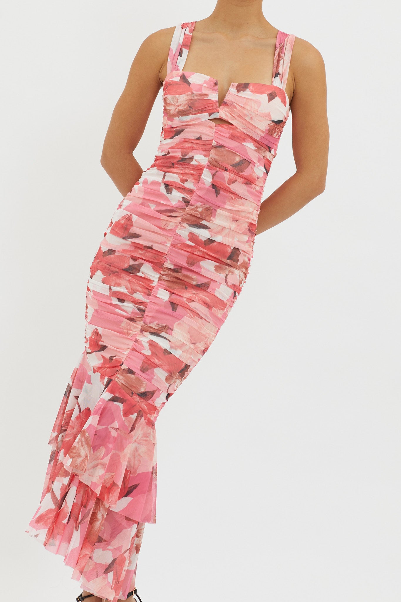 Nadia Ruched Fishtail Midi Dress Floral Pink-Maymioy