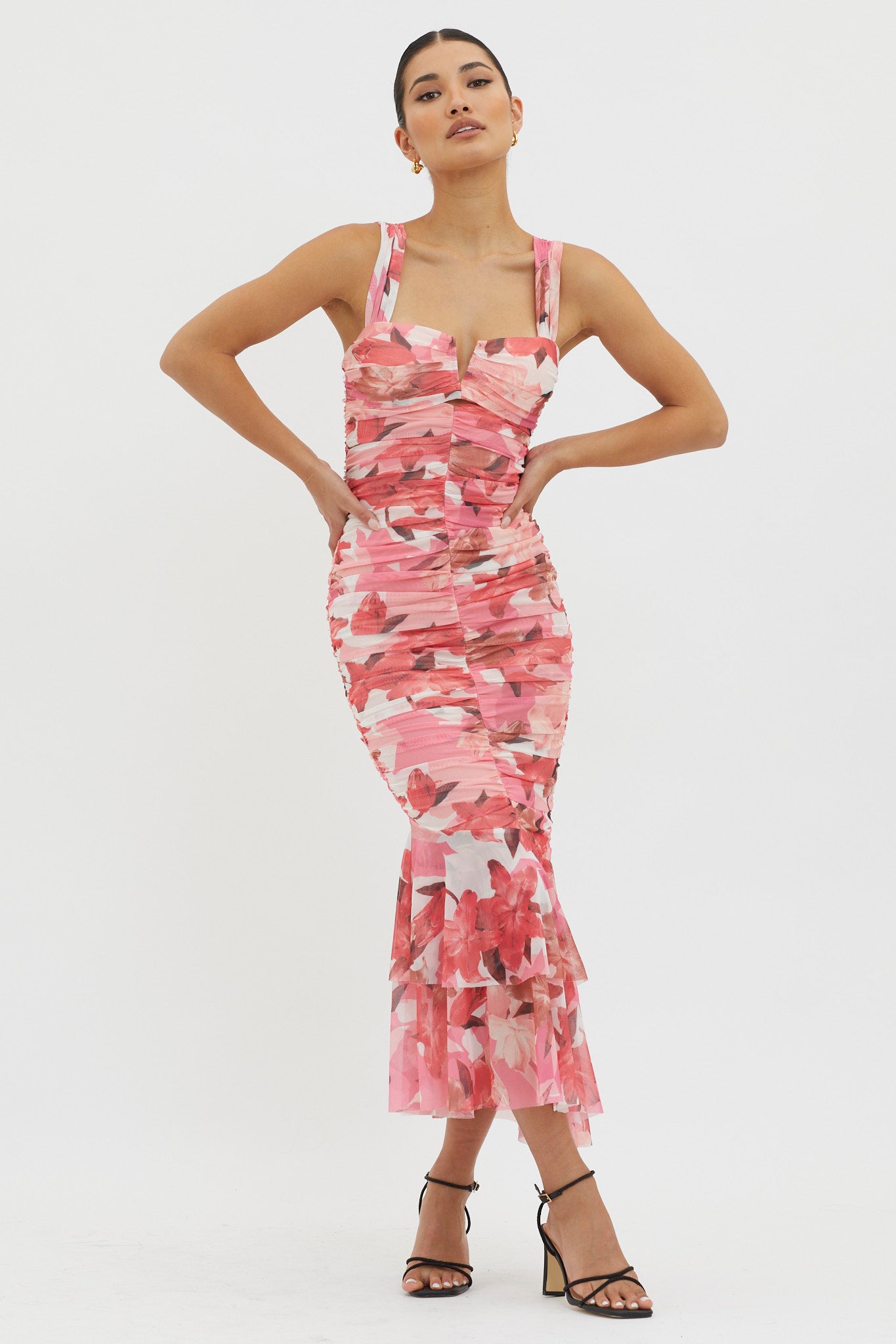 Nadia Ruched Fishtail Midi Dress Floral Pink-Maymioy