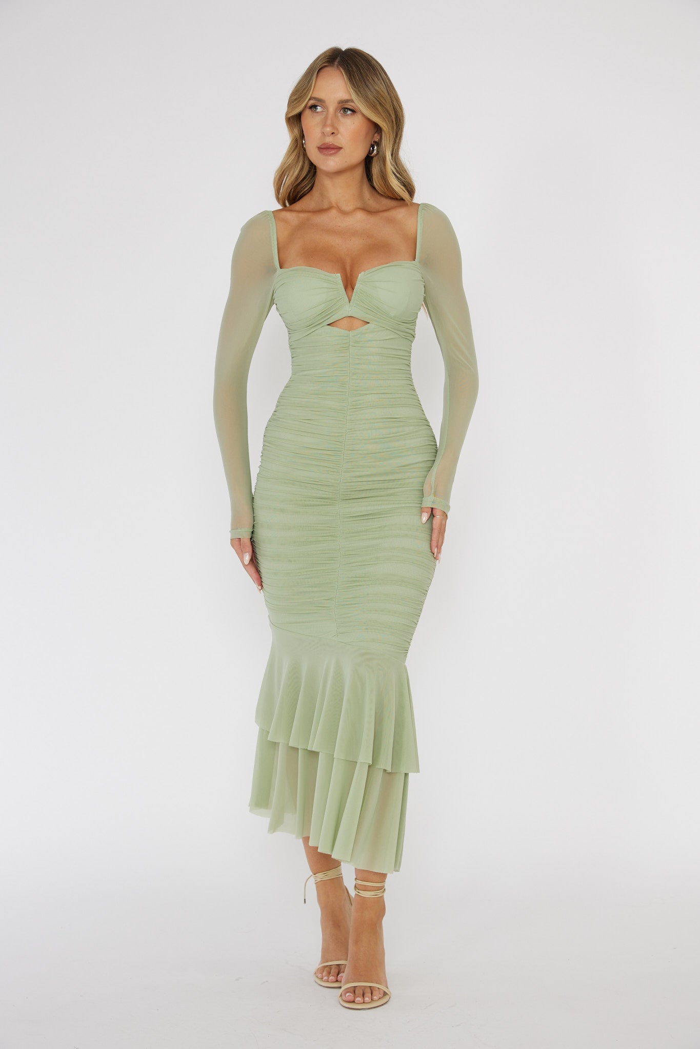 Nadia Long Sleeve Fishtail Midi Dress Mint-Maymioy