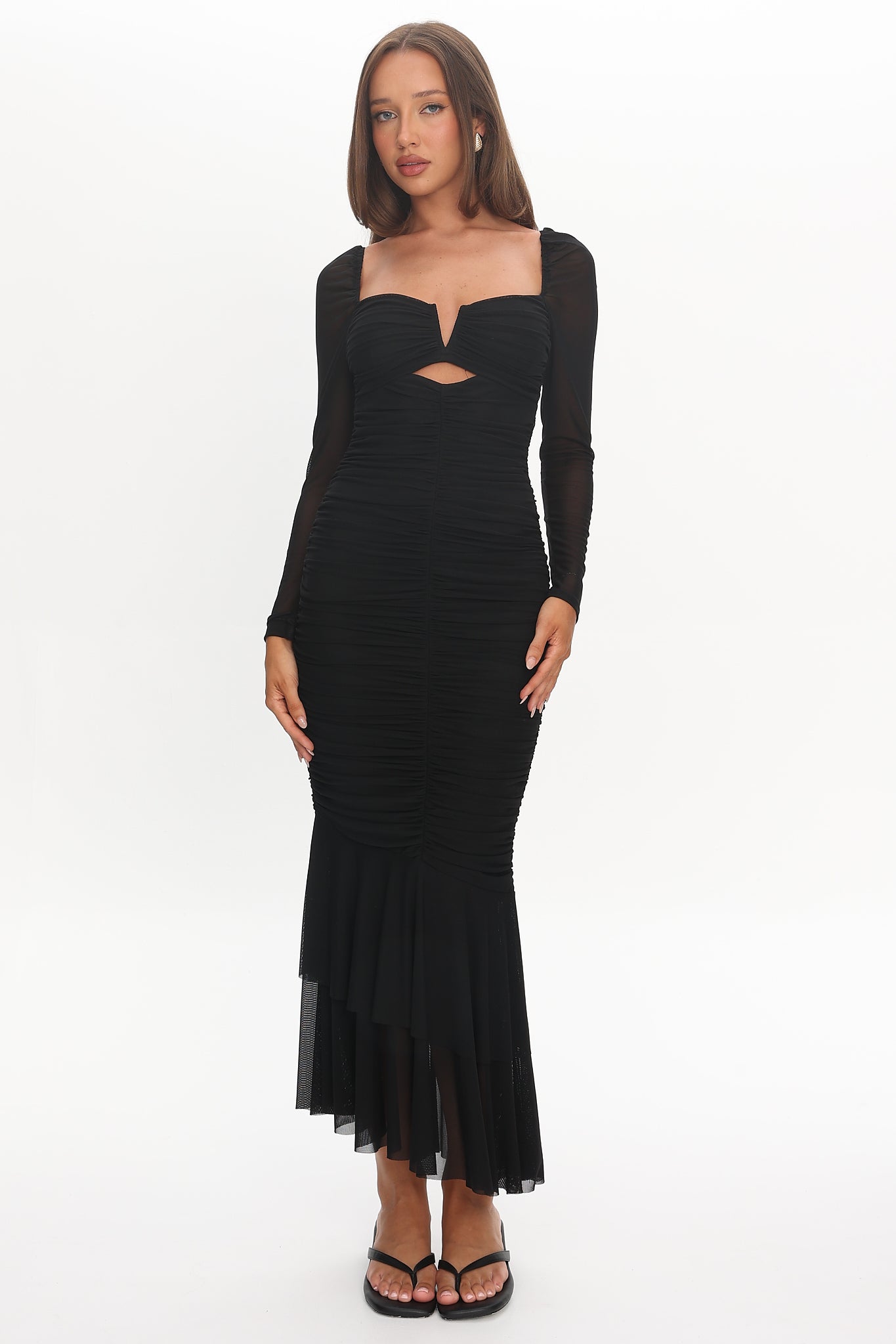 Nadia Long Sleeve Fishtail Midi Dress Black-Maymioy