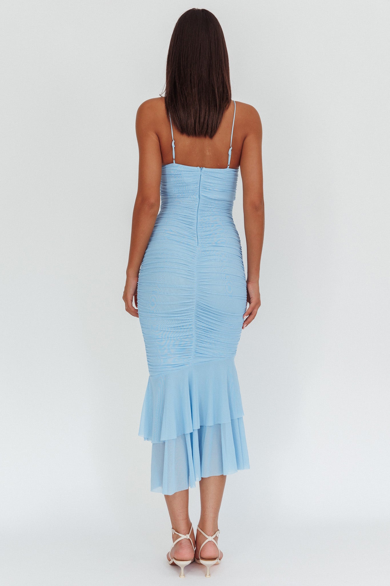 Nadia Ruffle Neckline Ruched Midi Dress Blue-Maymioy