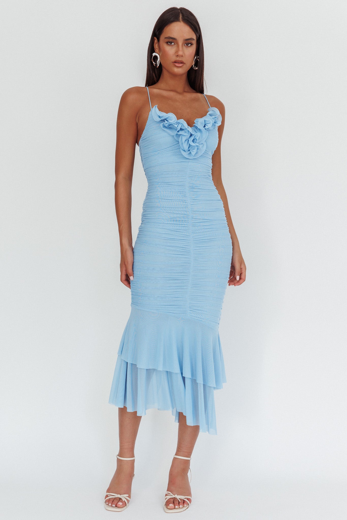 Nadia Ruffle Neckline Ruched Midi Dress Blue-Maymioy