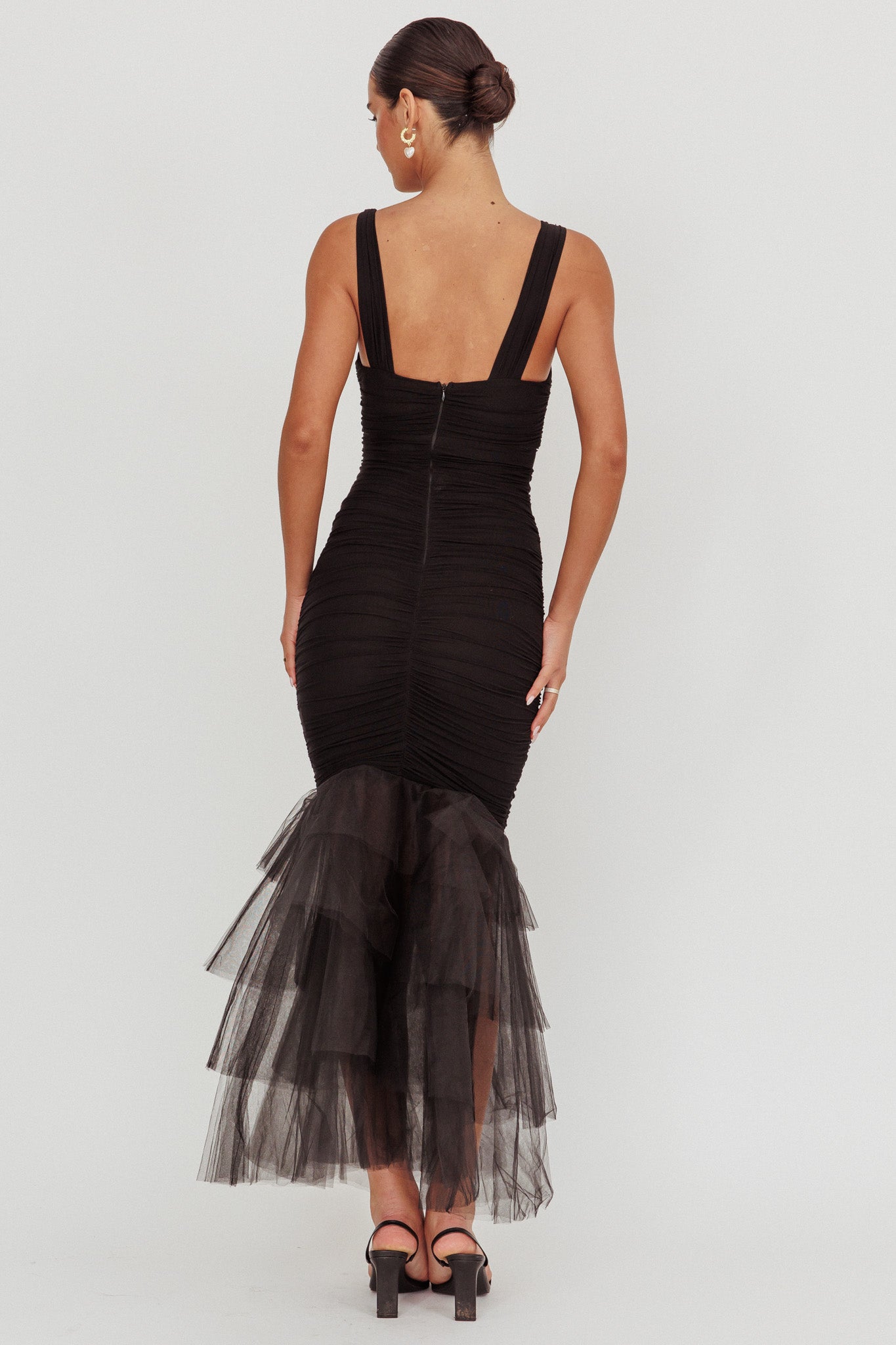 Nadia Tulle Hem Ruched Maxi Dress Black-Maymioy