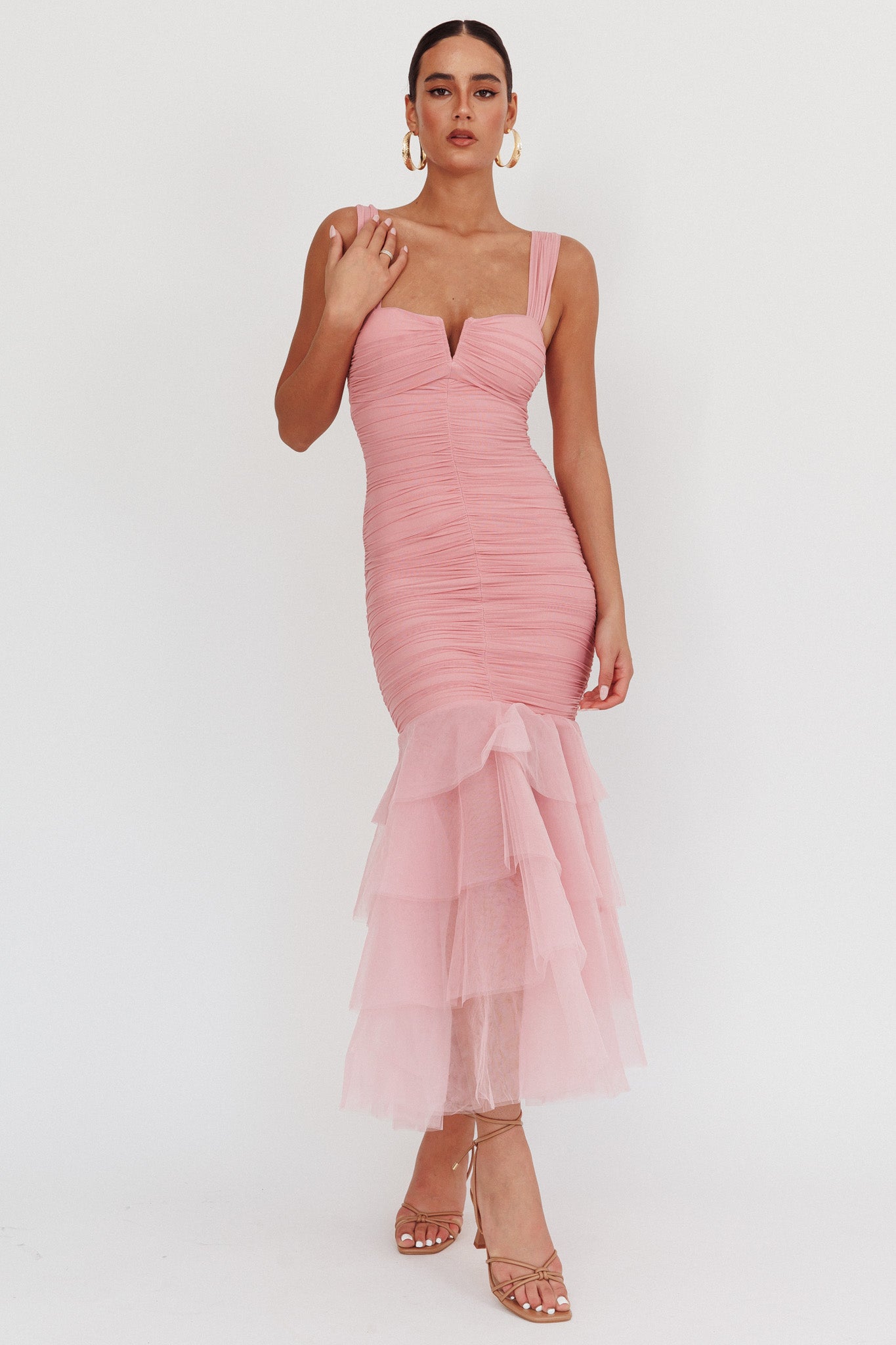 Nadia Tulle Hem Ruched Maxi Dress Pink-Maymioy
