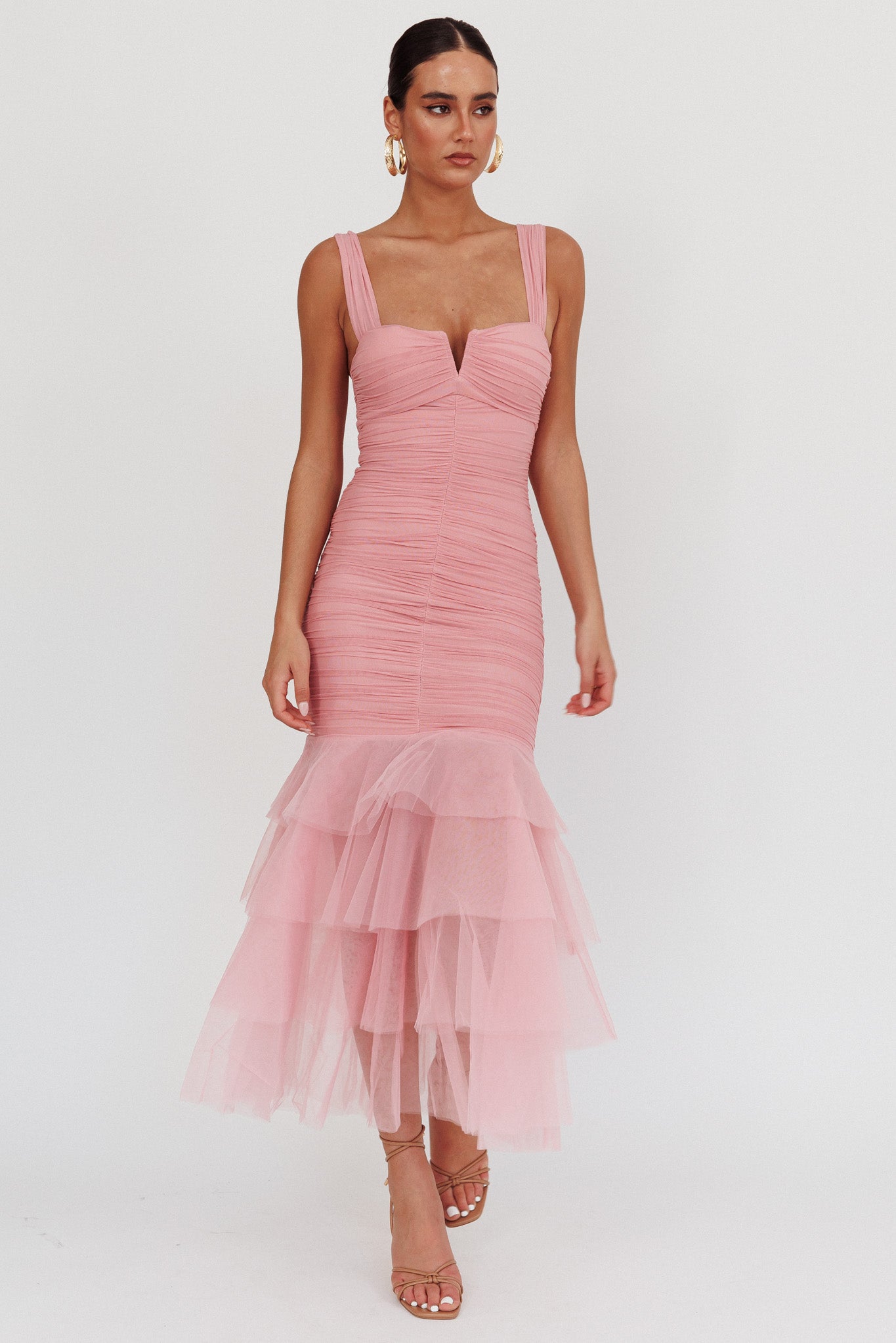Nadia Tulle Hem Ruched Maxi Dress Pink-Maymioy