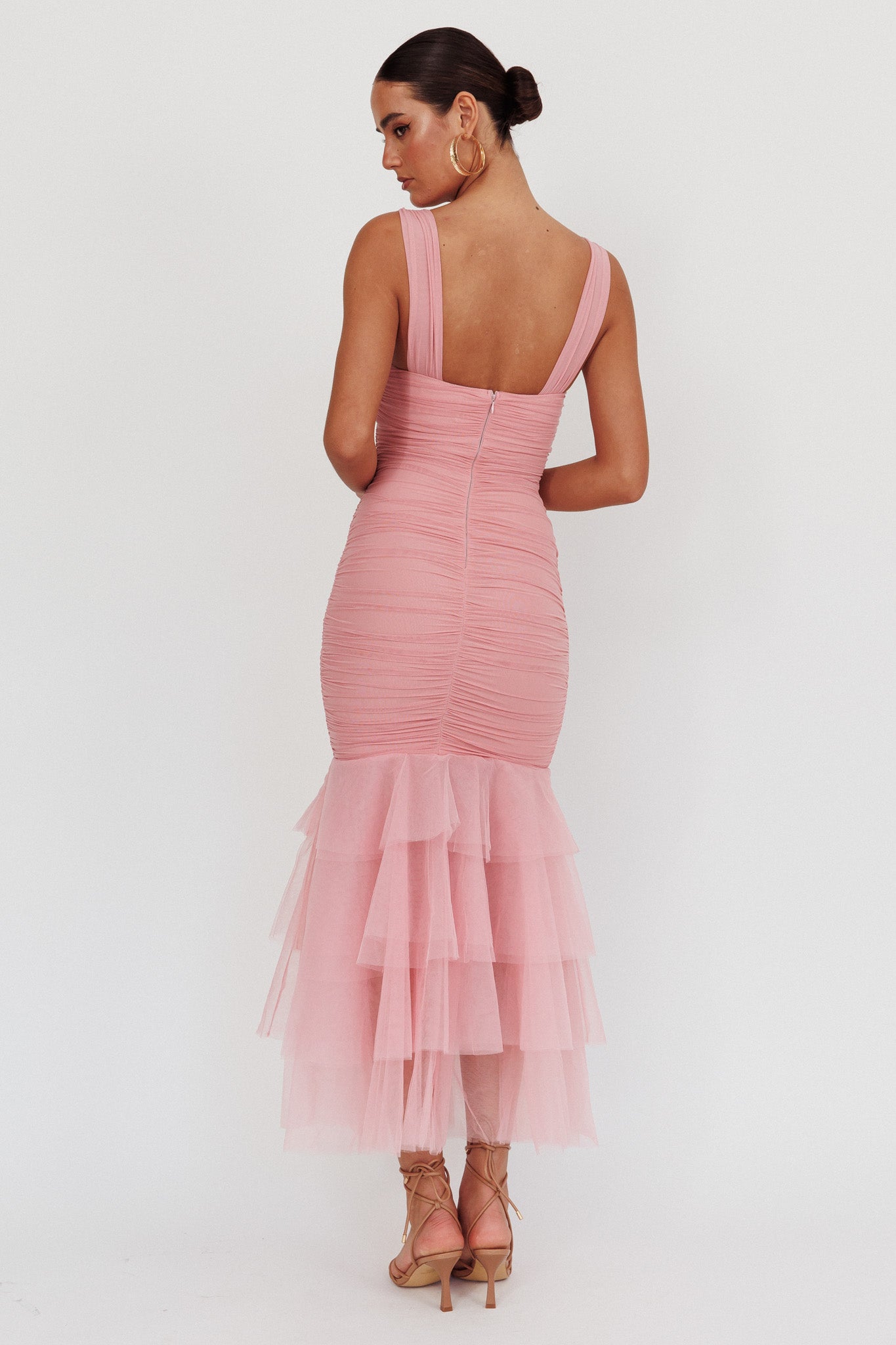 Nadia Tulle Hem Ruched Maxi Dress Pink-Maymioy