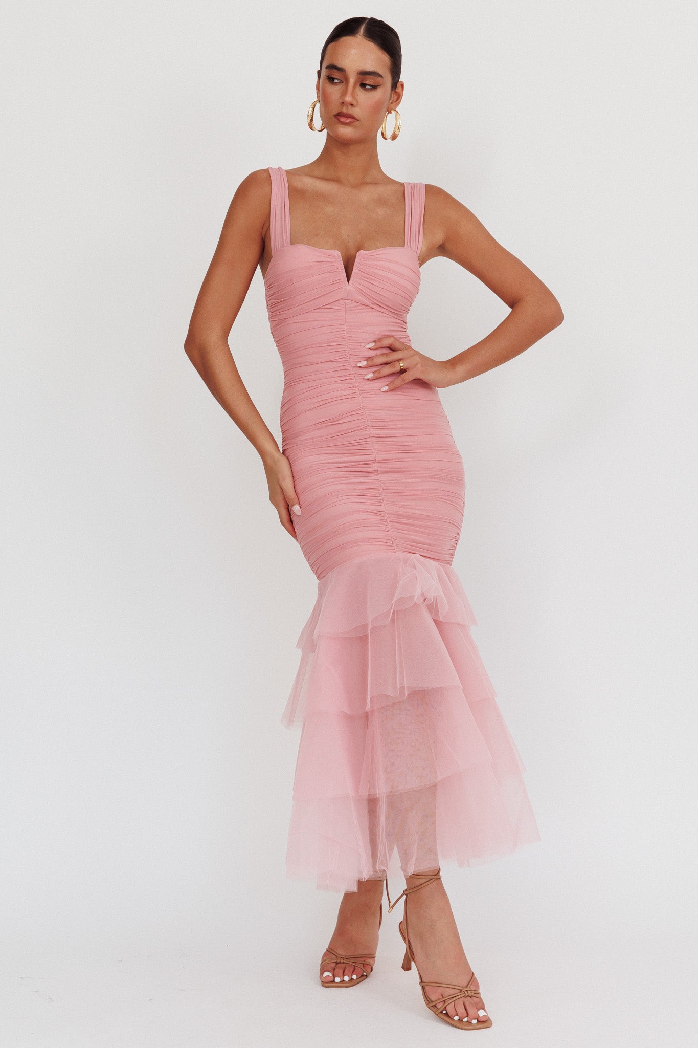 Nadia Tulle Hem Ruched Maxi Dress Pink-Maymioy