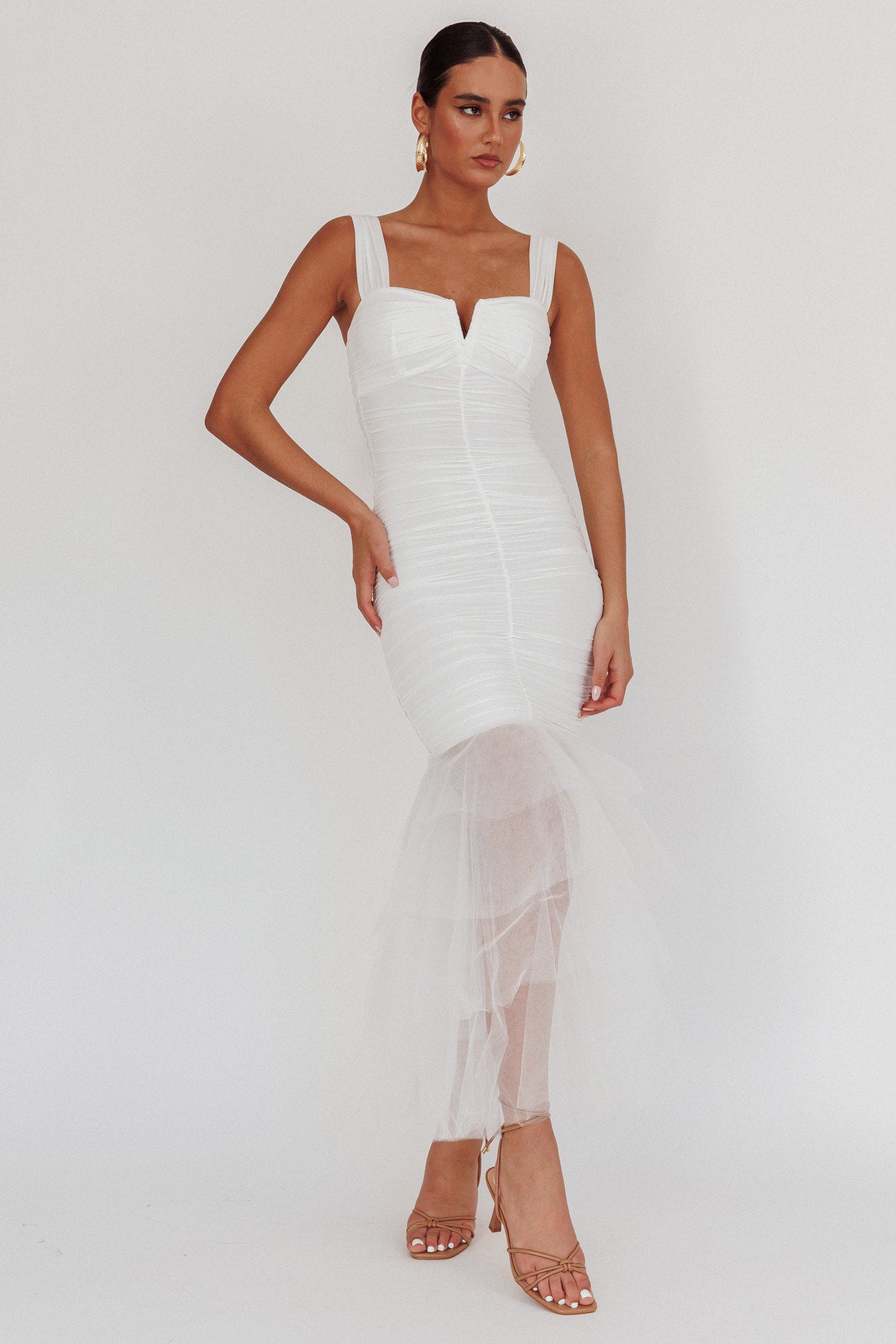 Nadia Tulle Hem Ruched Maxi Dress White-Maymioy