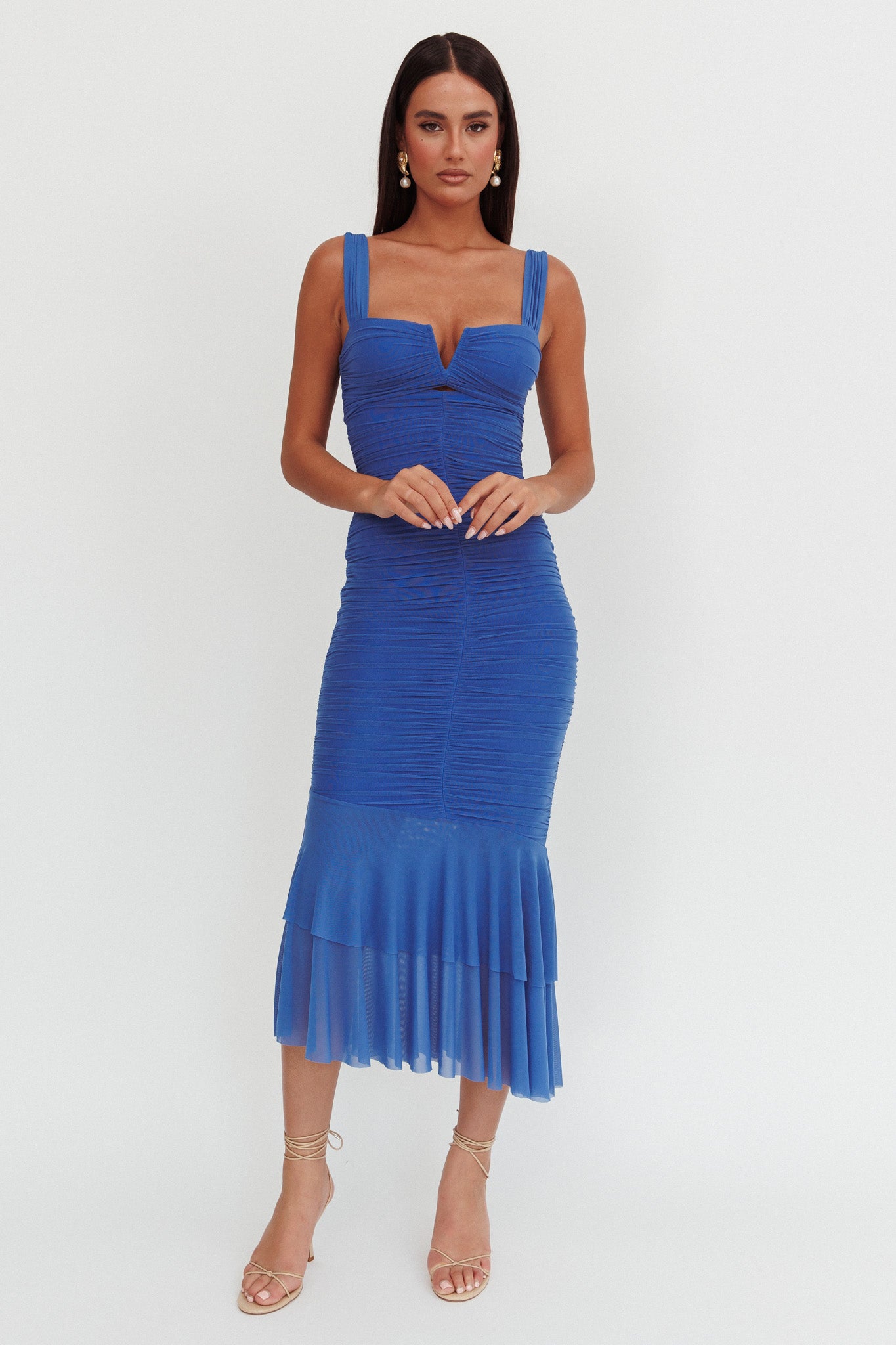 Nadia Ruched Fishtail Maxi Dress Blue-Maymioy