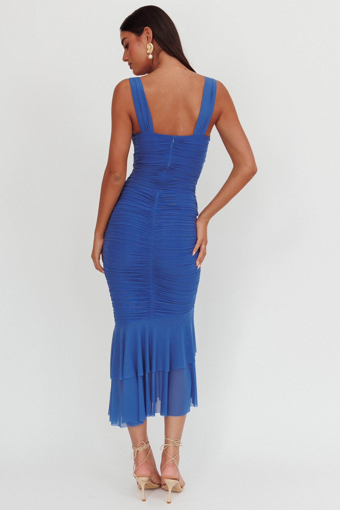 Nadia Ruched Fishtail Maxi Dress Blue-Maymioy
