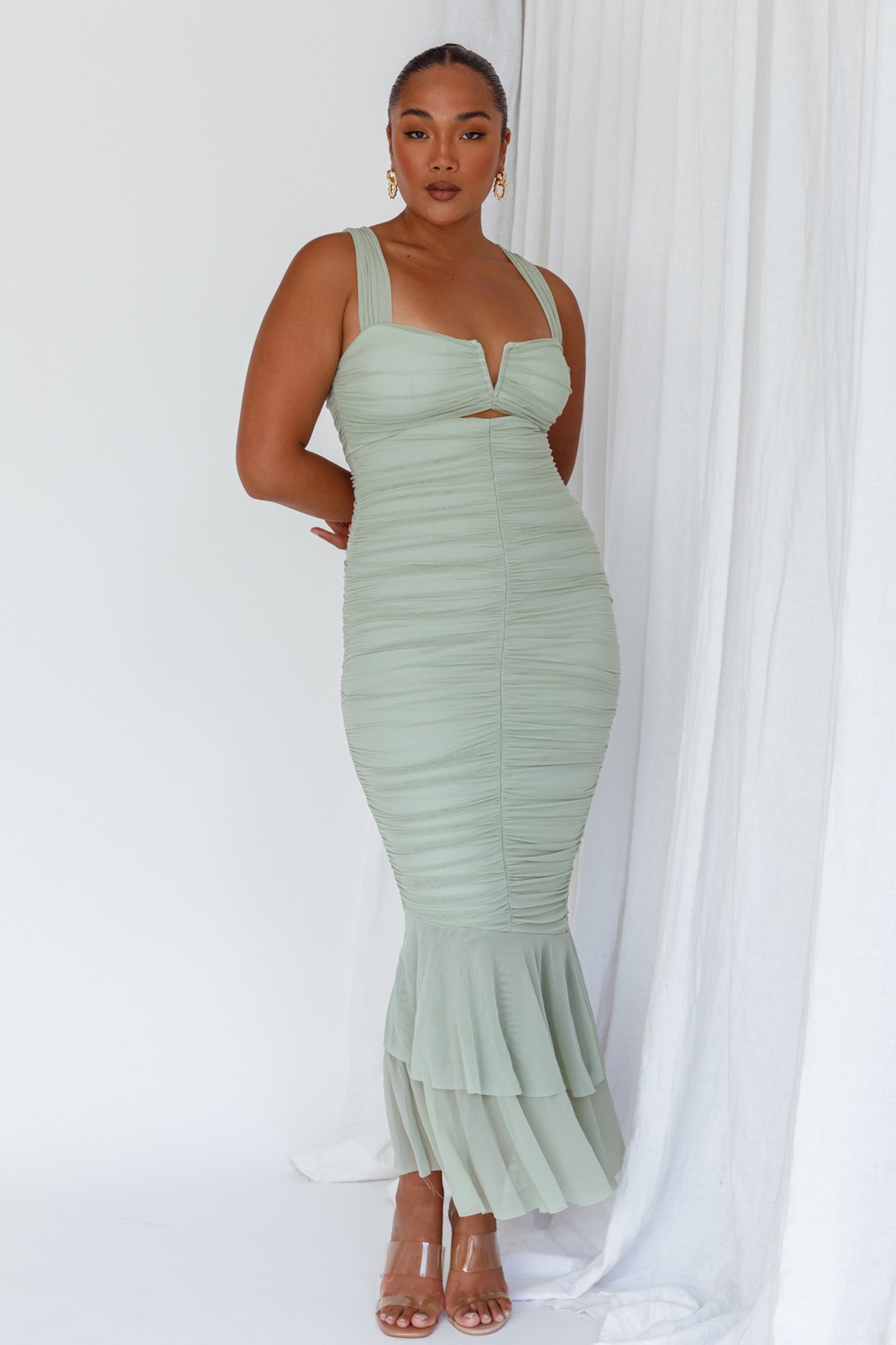 Nadia Ruched Fishtail Maxi Dress Pistachio-Maymioy