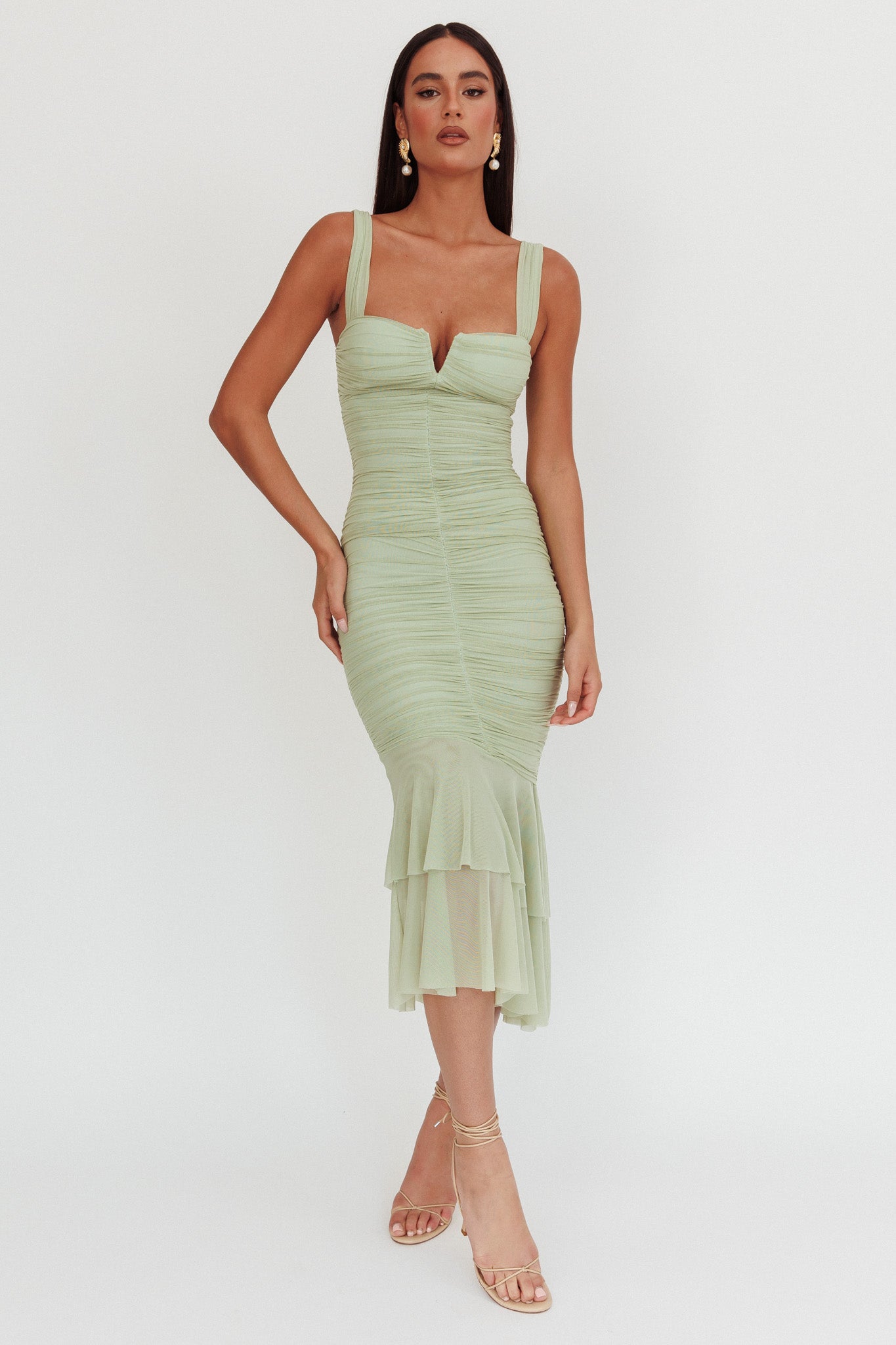 Nadia Ruched Fishtail Maxi Dress Pistachio-Maymioy