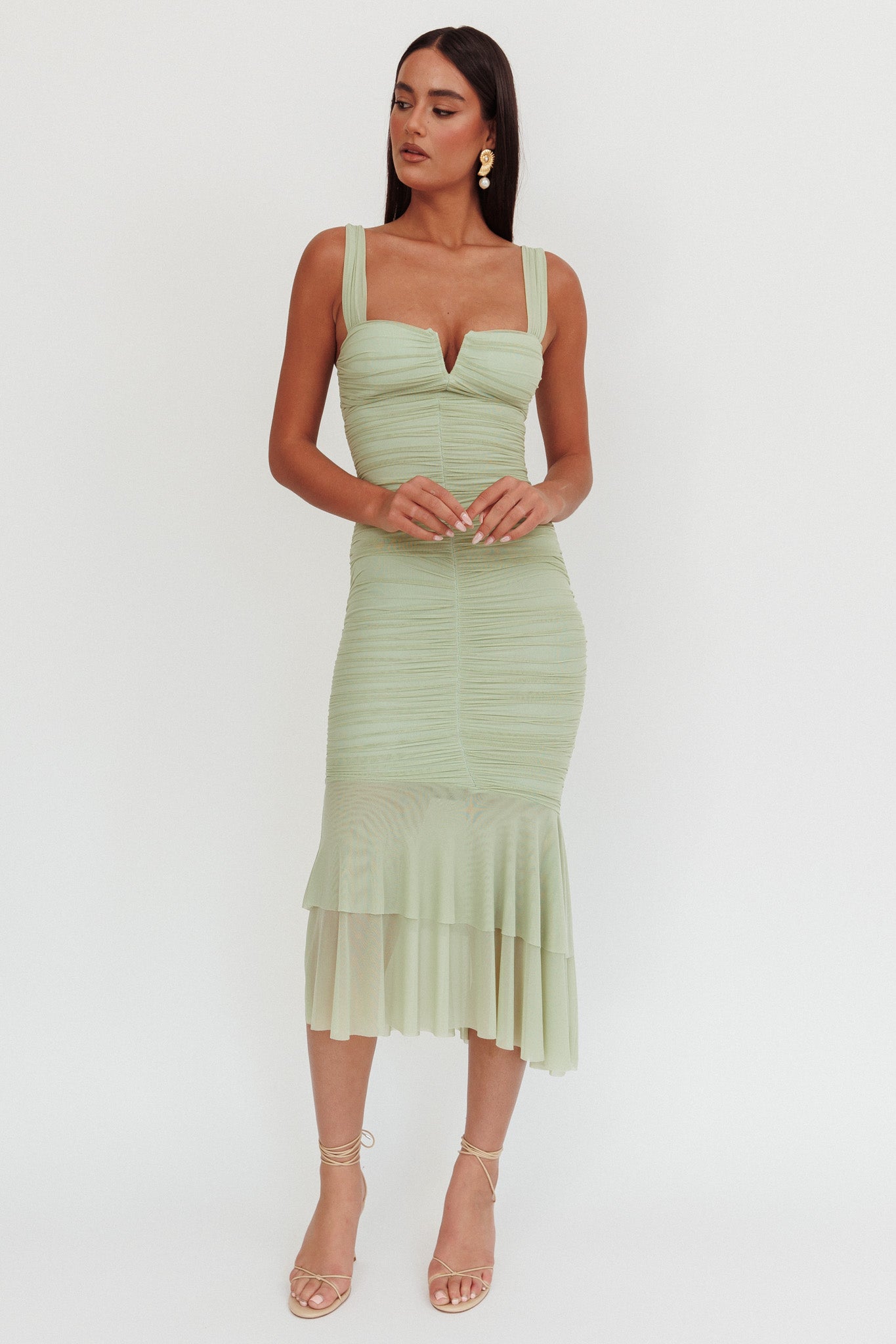 Nadia Ruched Fishtail Maxi Dress Pistachio-Maymioy