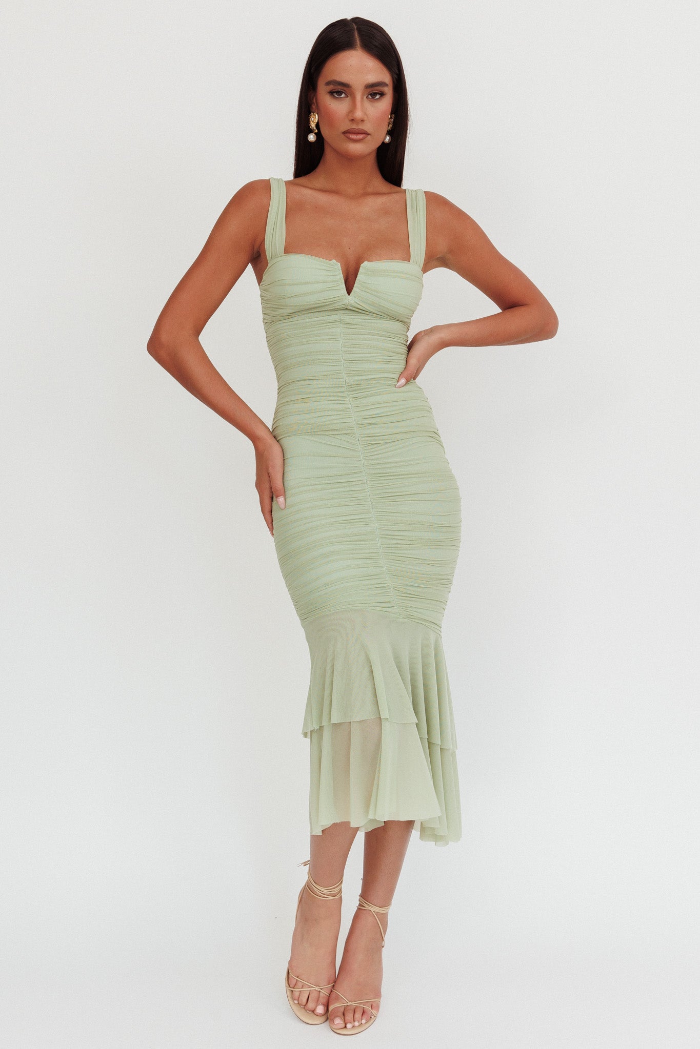 Nadia Ruched Fishtail Maxi Dress Pistachio-Maymioy
