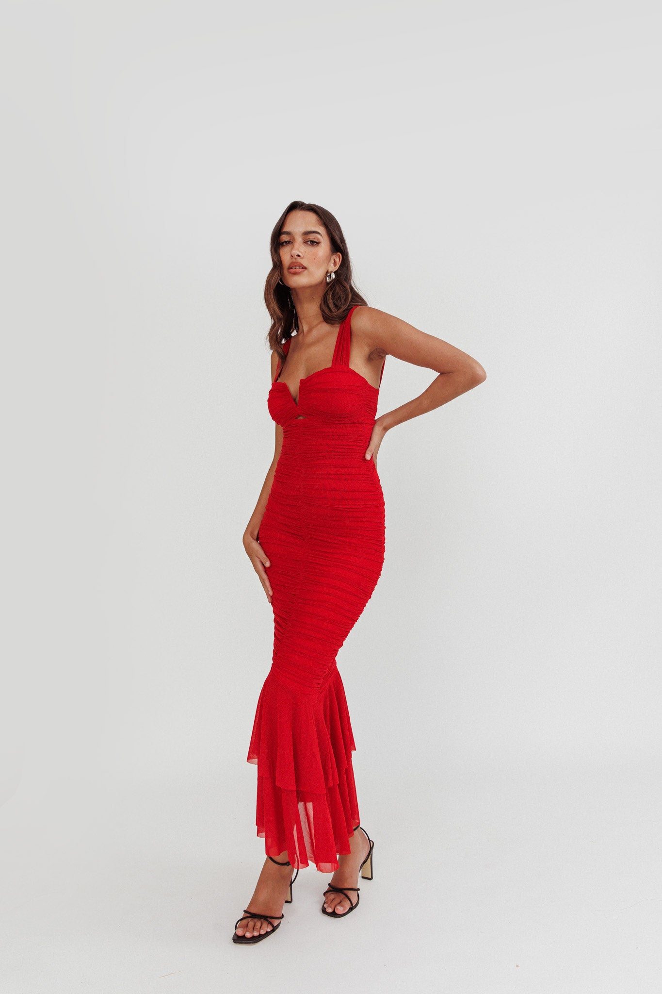 Nadia Ruched Fishtail Maxi Dress Red-Maymioy