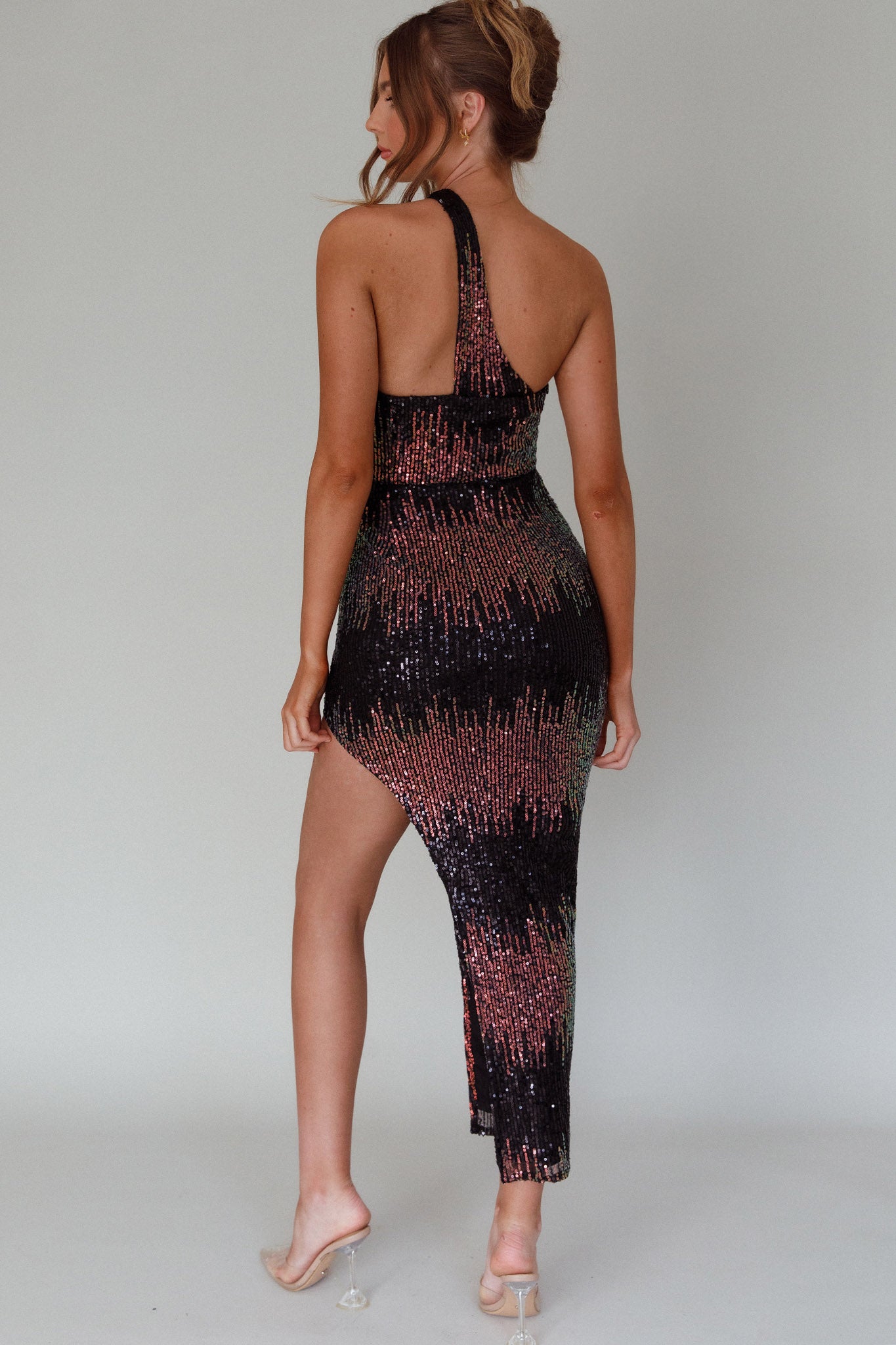Shooting Stars One-Shoulder Sequin Dress Black-Maymioy