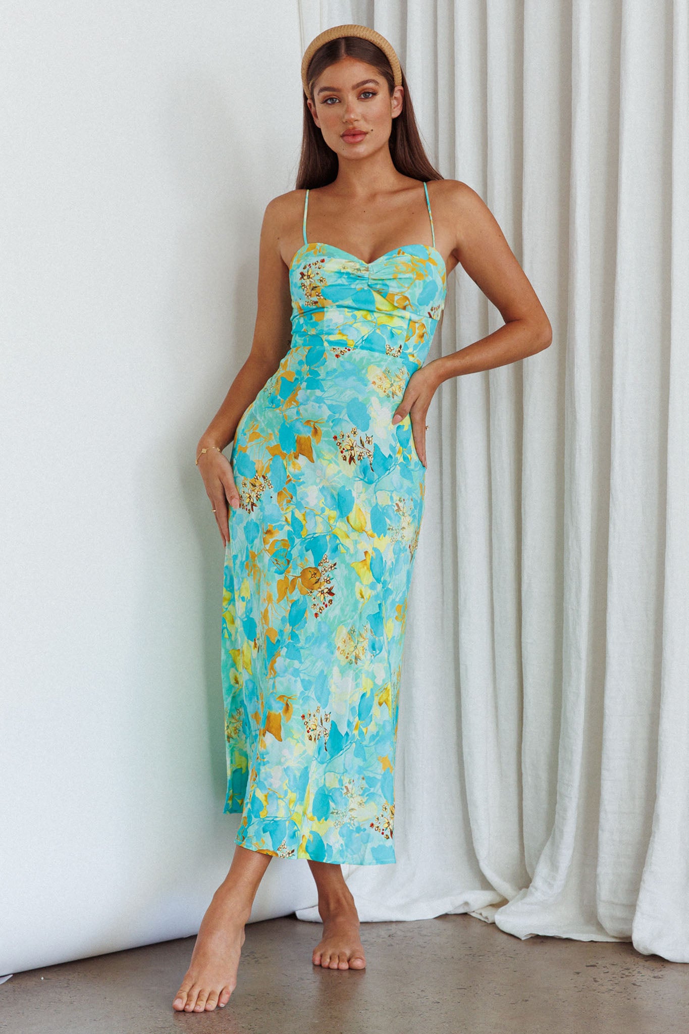 Golden Sands Cami Strap Maxi Dress Floral Teal-Maymioy
