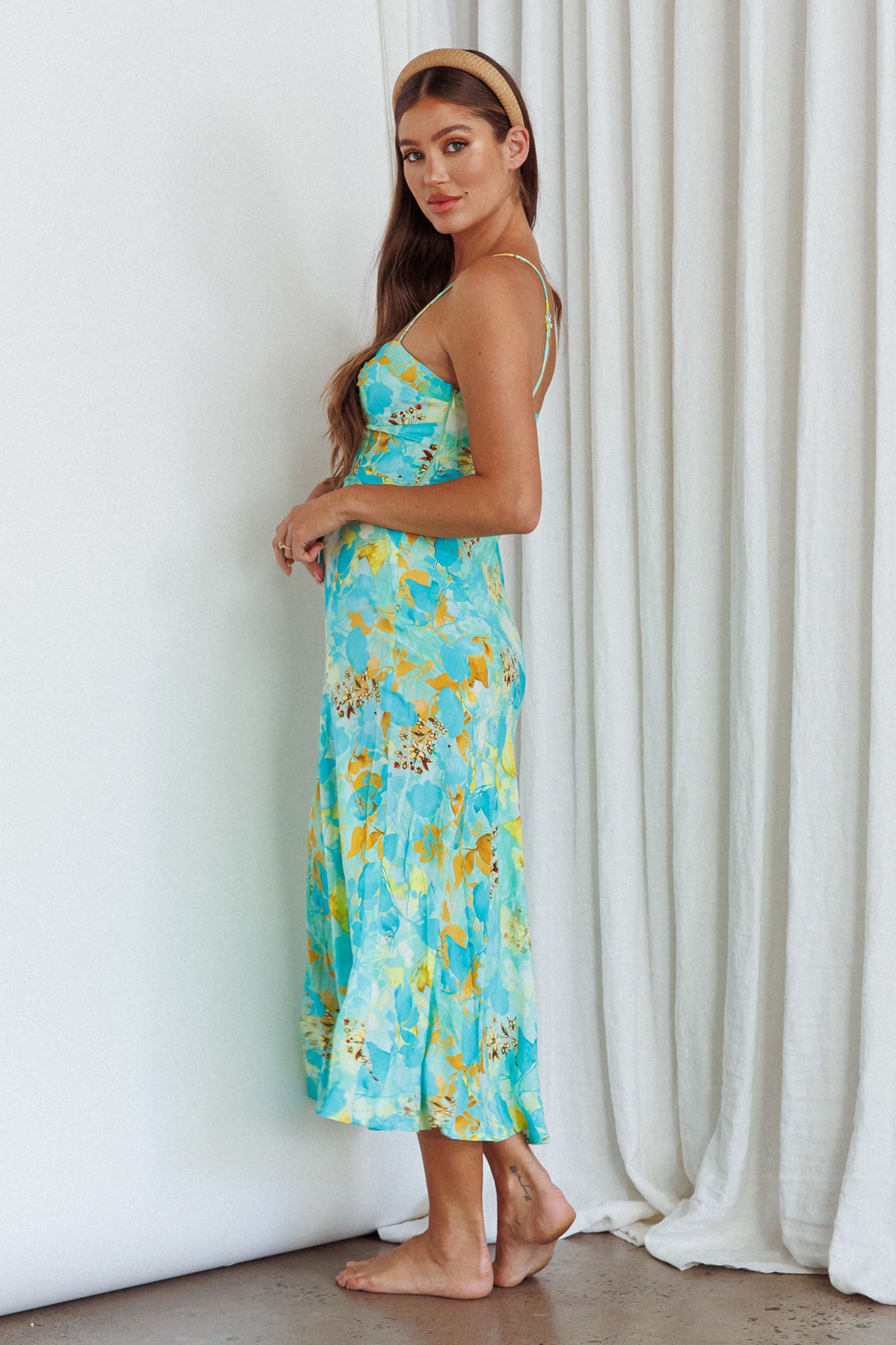 Golden Sands Cami Strap Maxi Dress Floral Teal-Maymioy