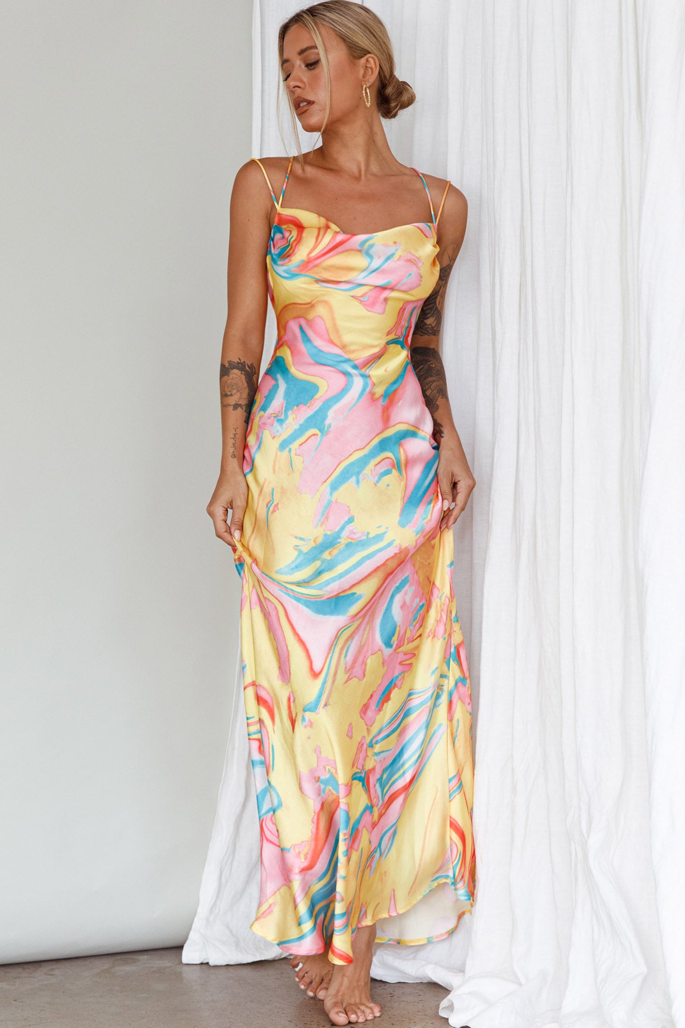 Moment With You Ruched Bust Midi Dress Swirl Yellow/Green-Maymioy