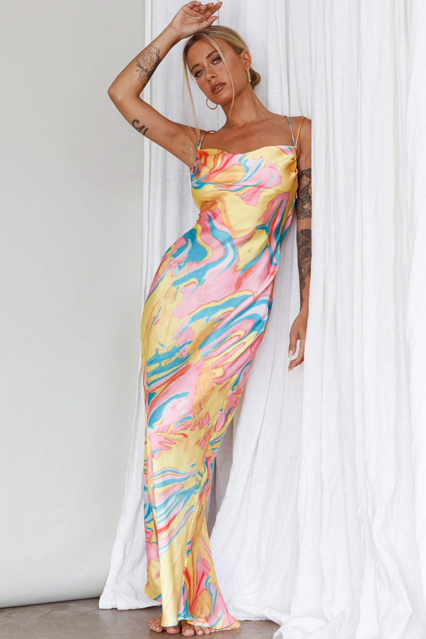 Moment With You Ruched Bust Midi Dress Swirl Yellow/Green-Maymioy